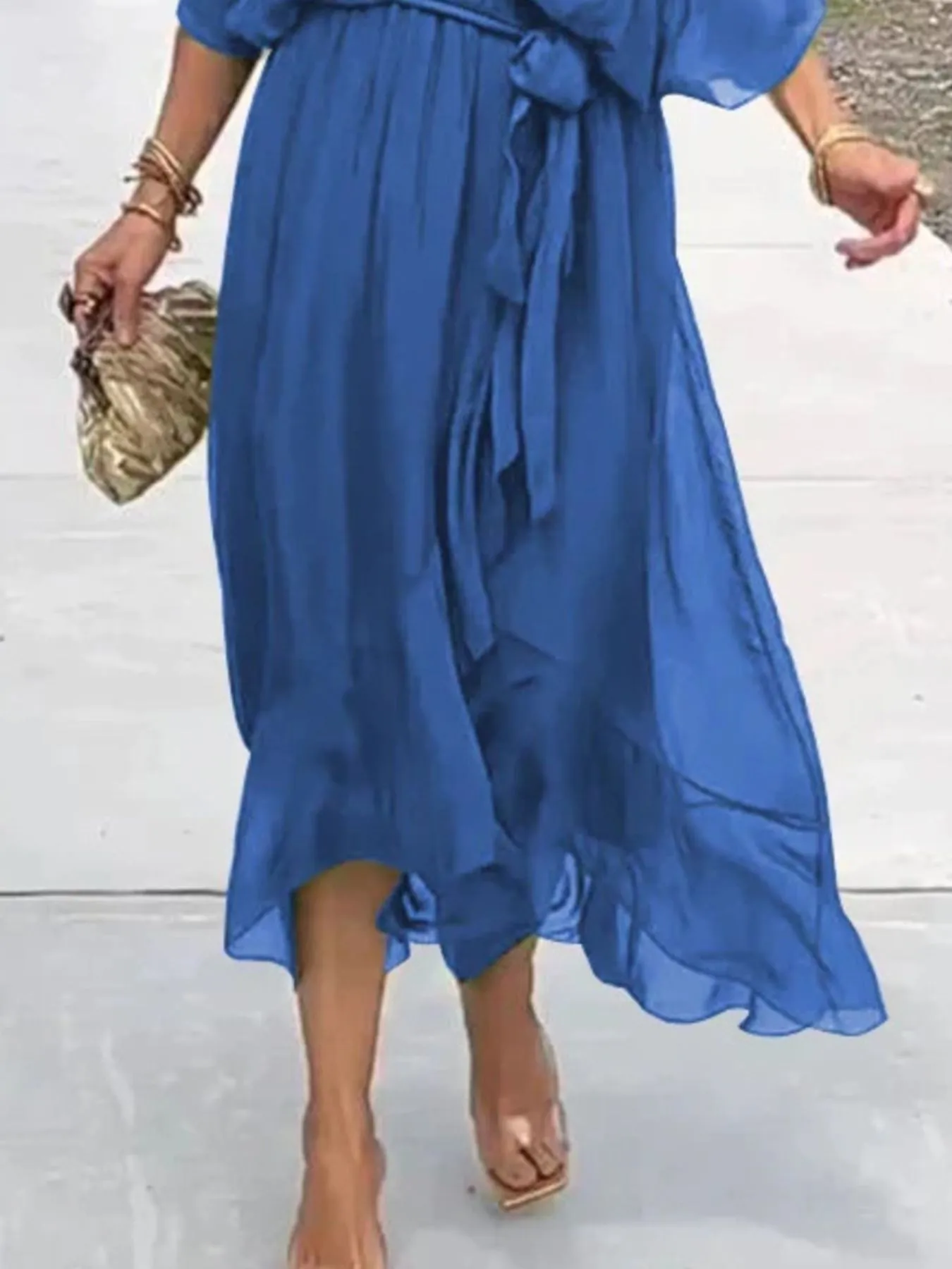 Full Size Flowy Tie Front Midi Dress with Flutter Sleeves Plus Size - Image 26