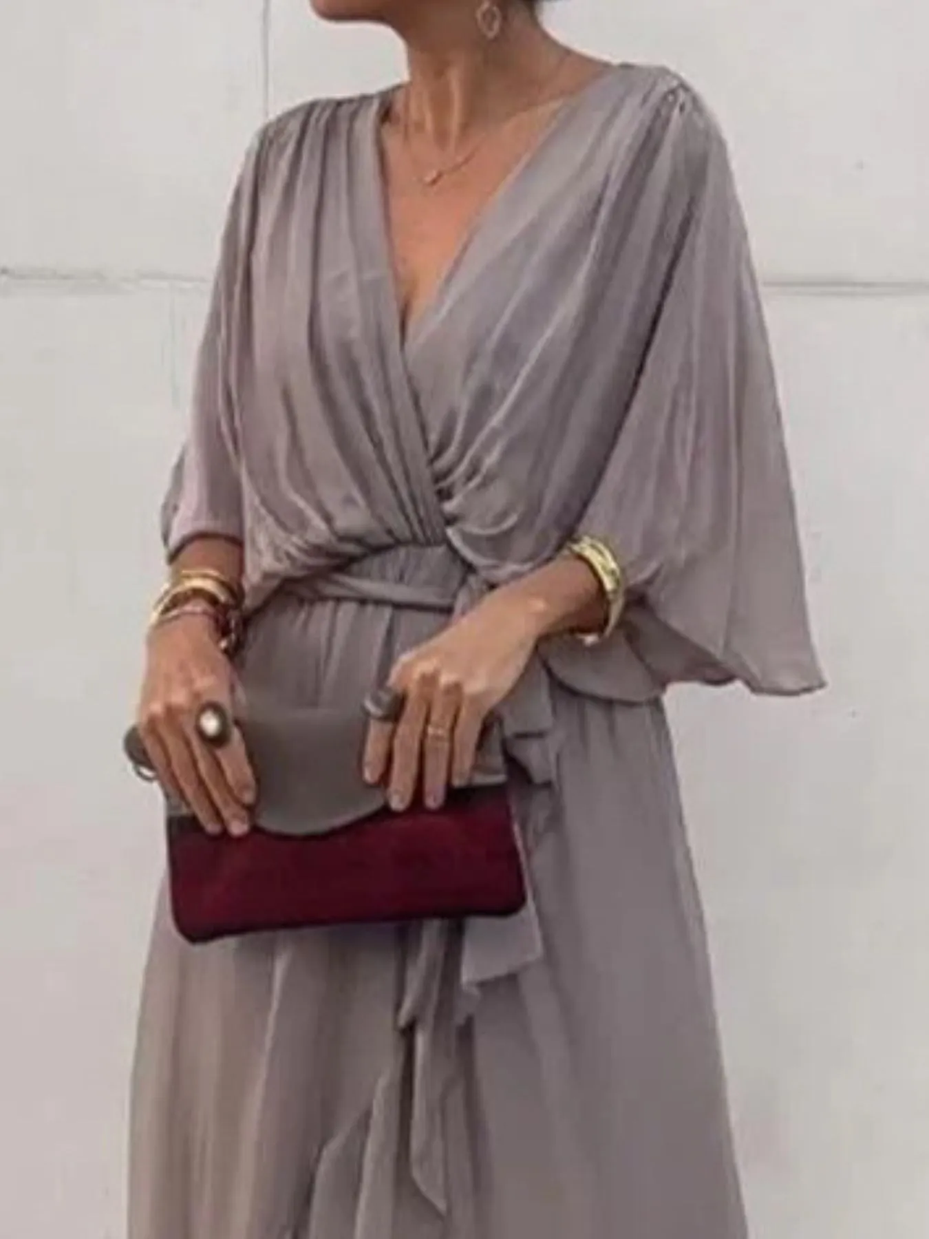 Full Size Flowy Tie Front Midi Dress with Flutter Sleeves Plus Size - Image 29