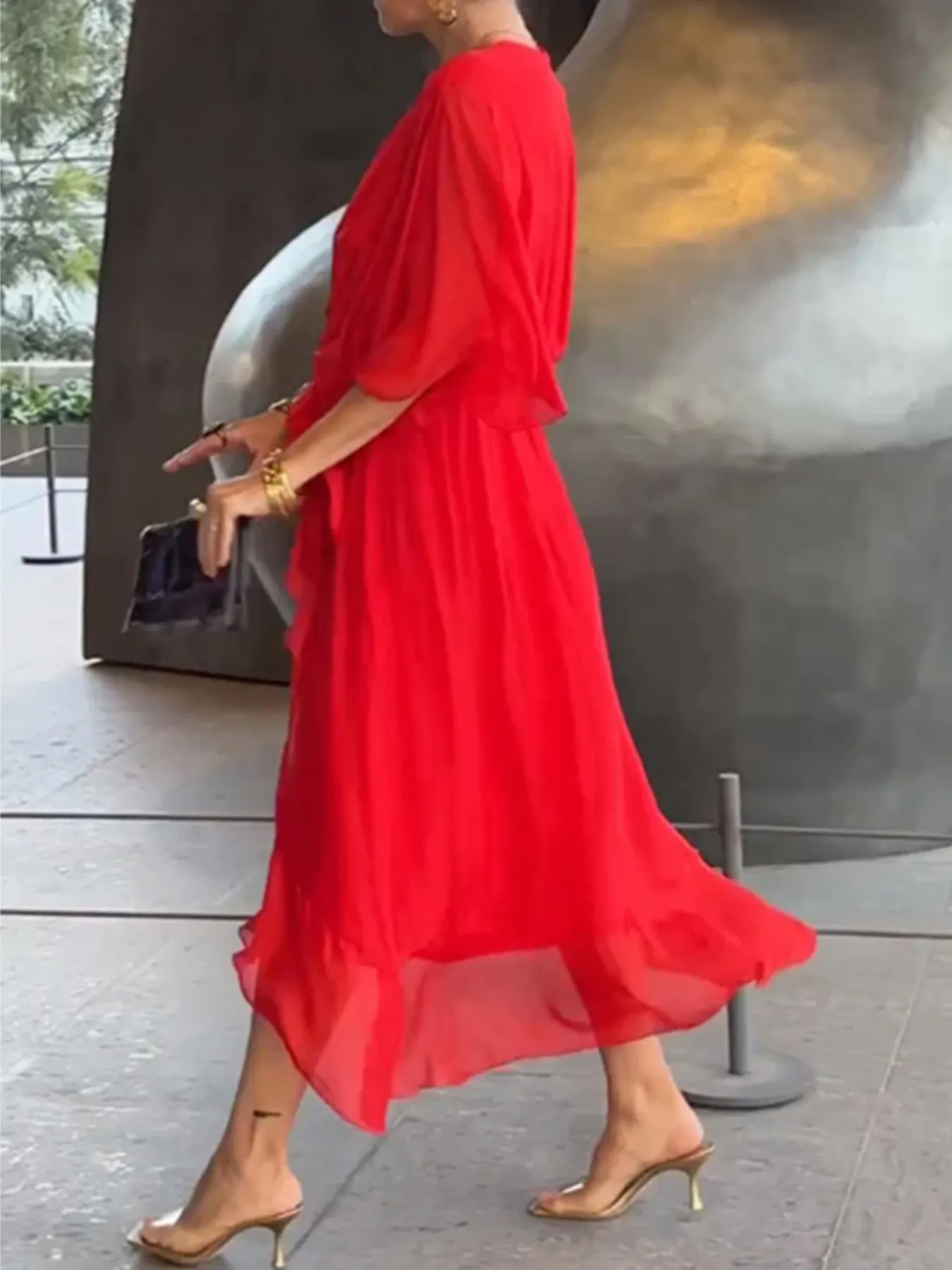 Full Size Flowy Tie Front Midi Dress with Flutter Sleeves Plus Size - Image 8