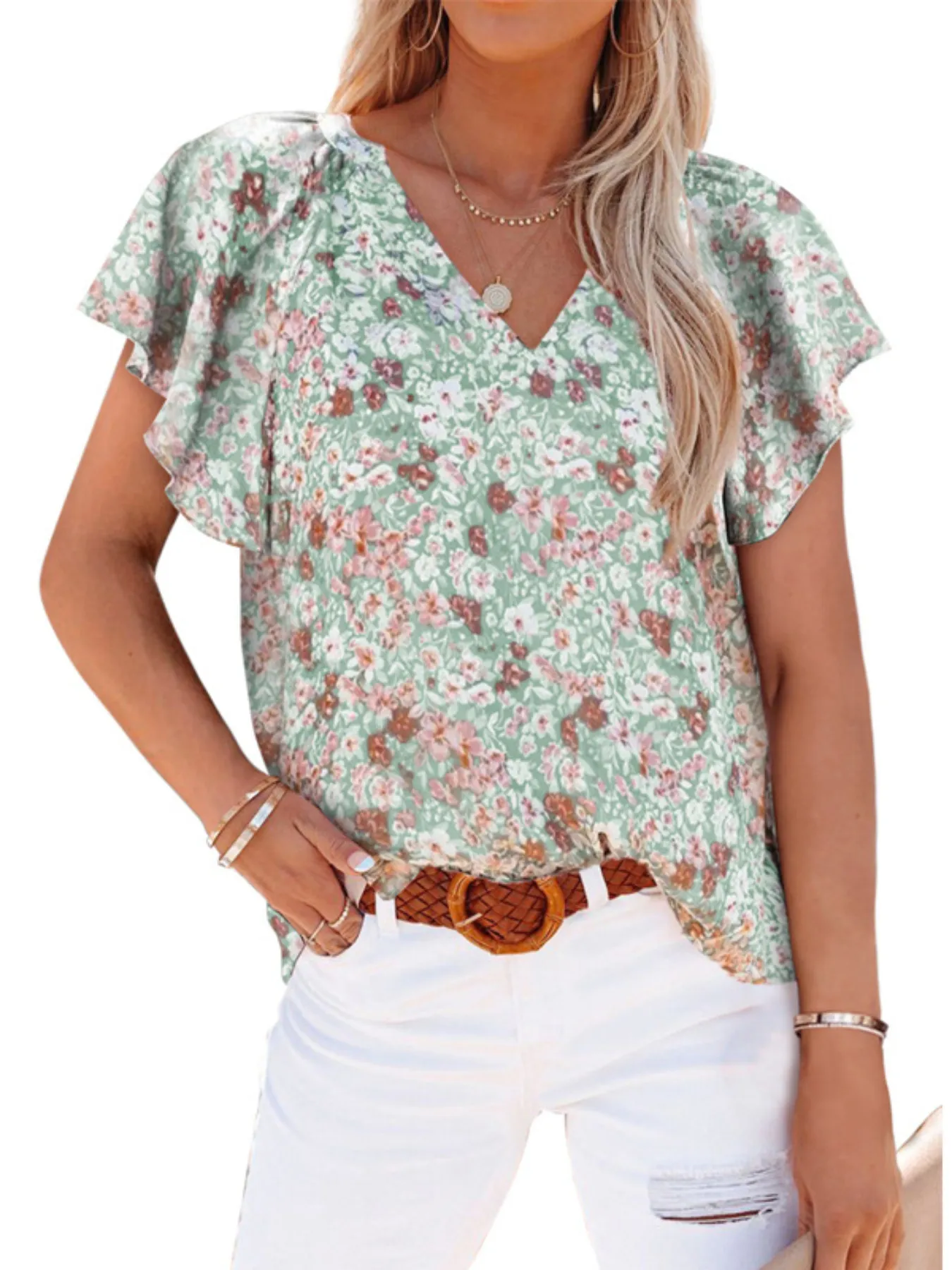 Full Size Flutter Sleeve Floral V-Neck Blouse Plus Size - Image 5