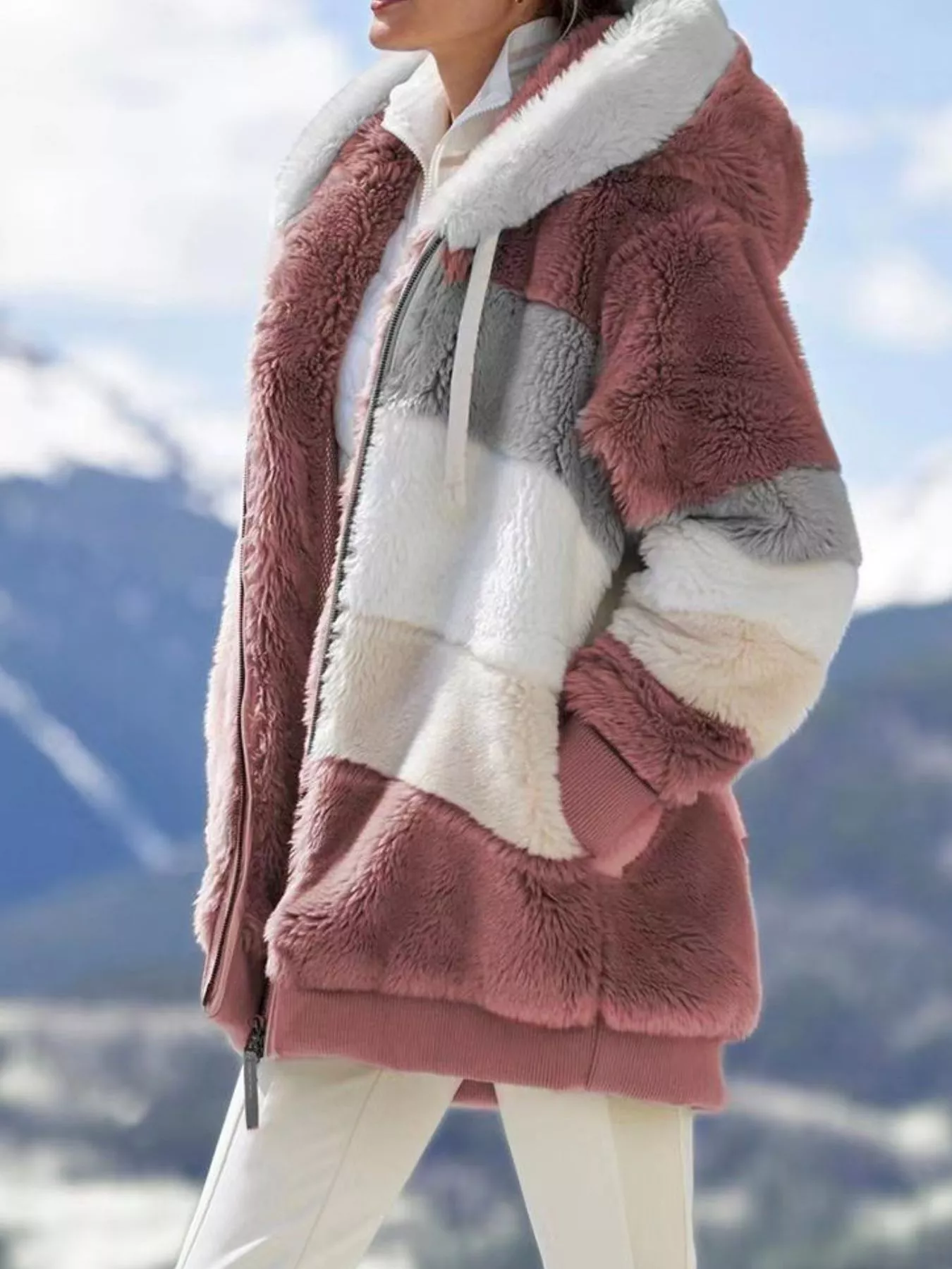Full Size Fuzzy Zip Up Hooded Outerwear Plus Size - Image 6