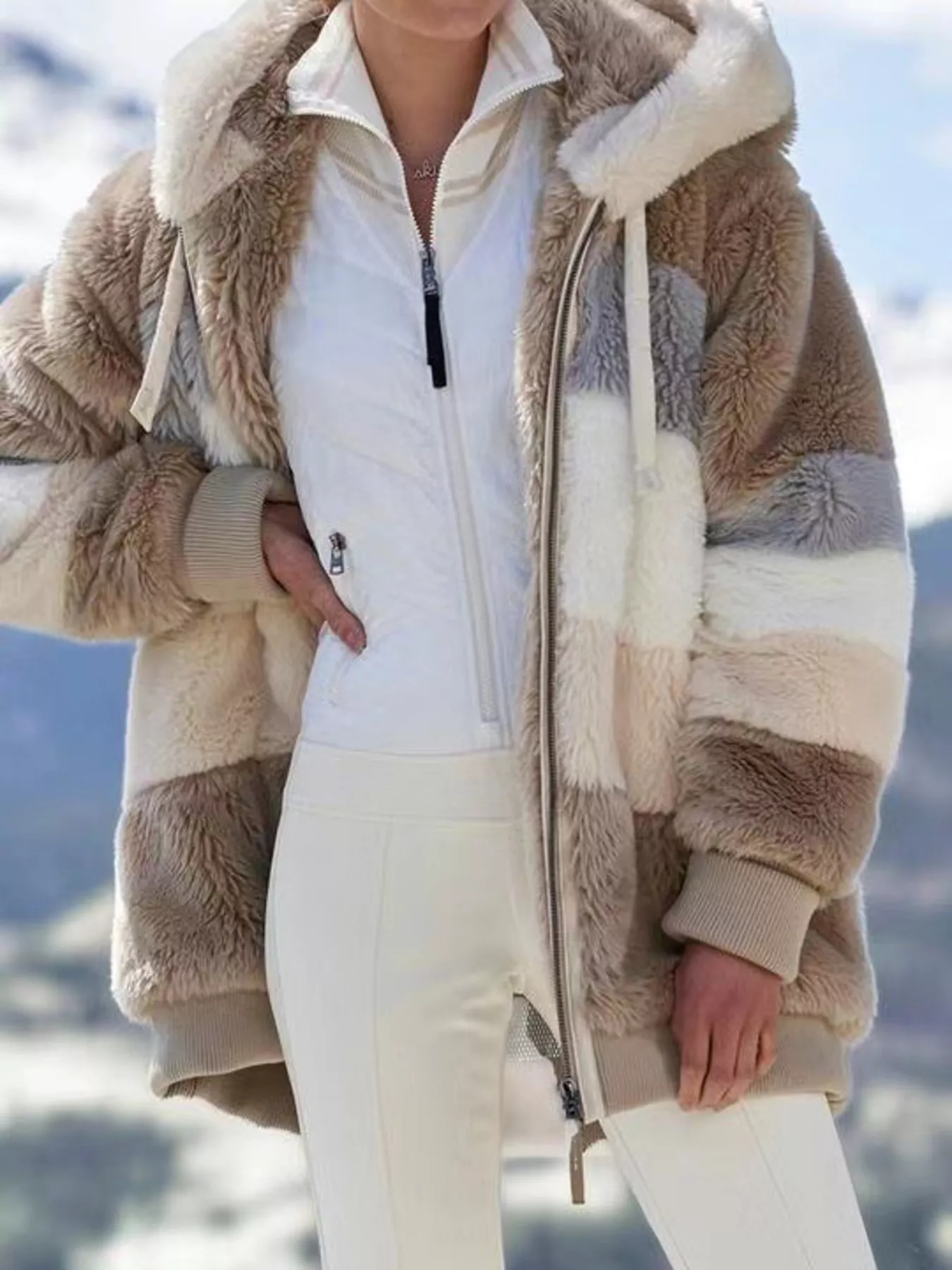 Full Size Fuzzy Zip Up Hooded Outerwear Plus Size - Image 8