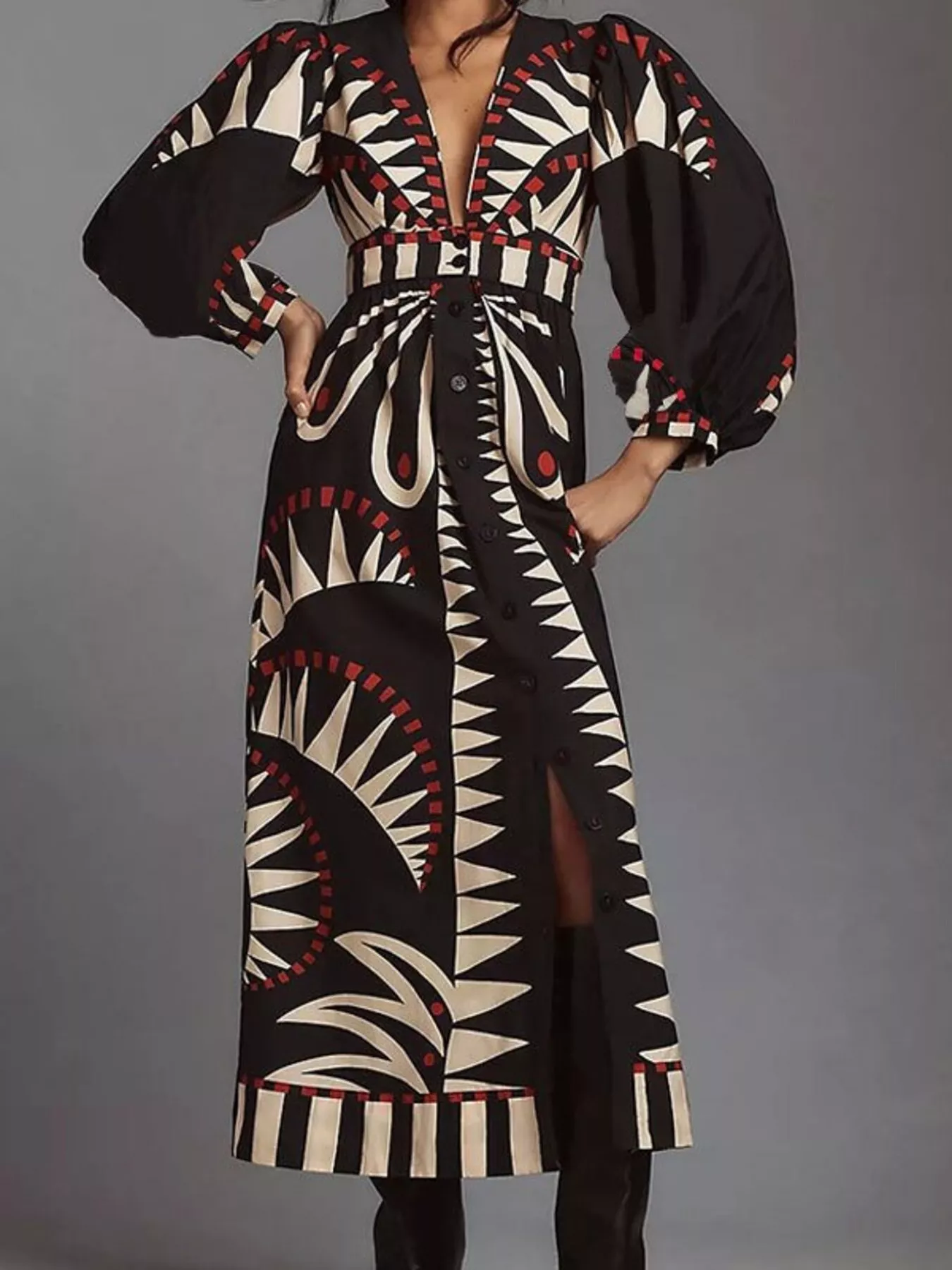 Full Size Geometric Long Sleeve Dress Plus Size - Image 2