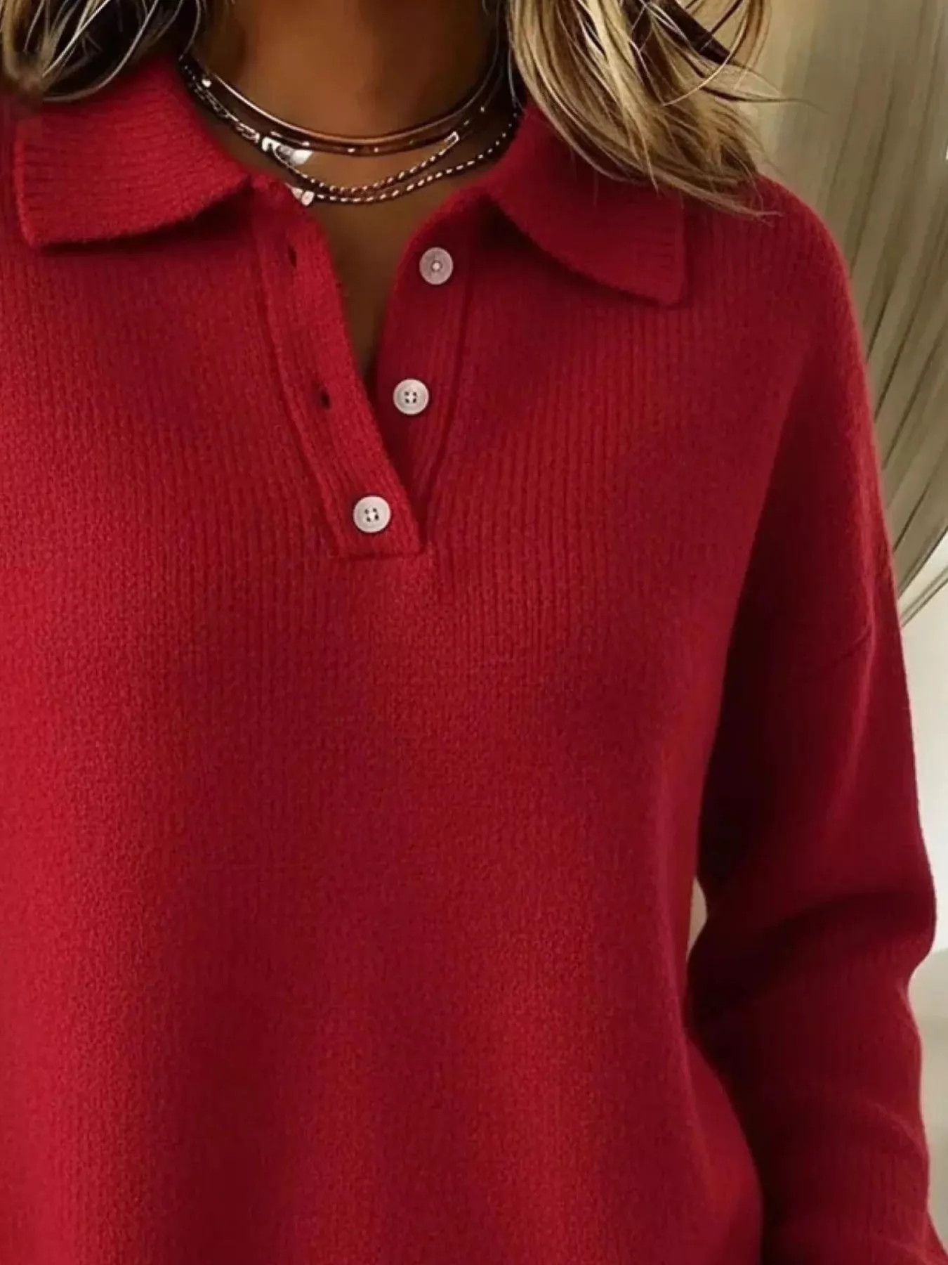 Full Size Half Button Collar Drop Shoulder Sweater Plus Size - Image 8
