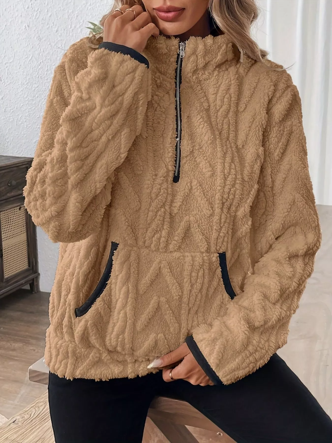 Full Size Half Zip Kangaroo Pocket Sweatshirt Plus Size - Image 16