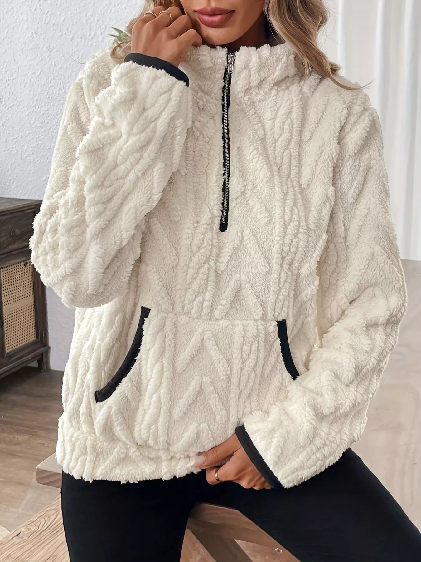 Full Size Half Zip Kangaroo Pocket Sweatshirt Plus Size - Image 8