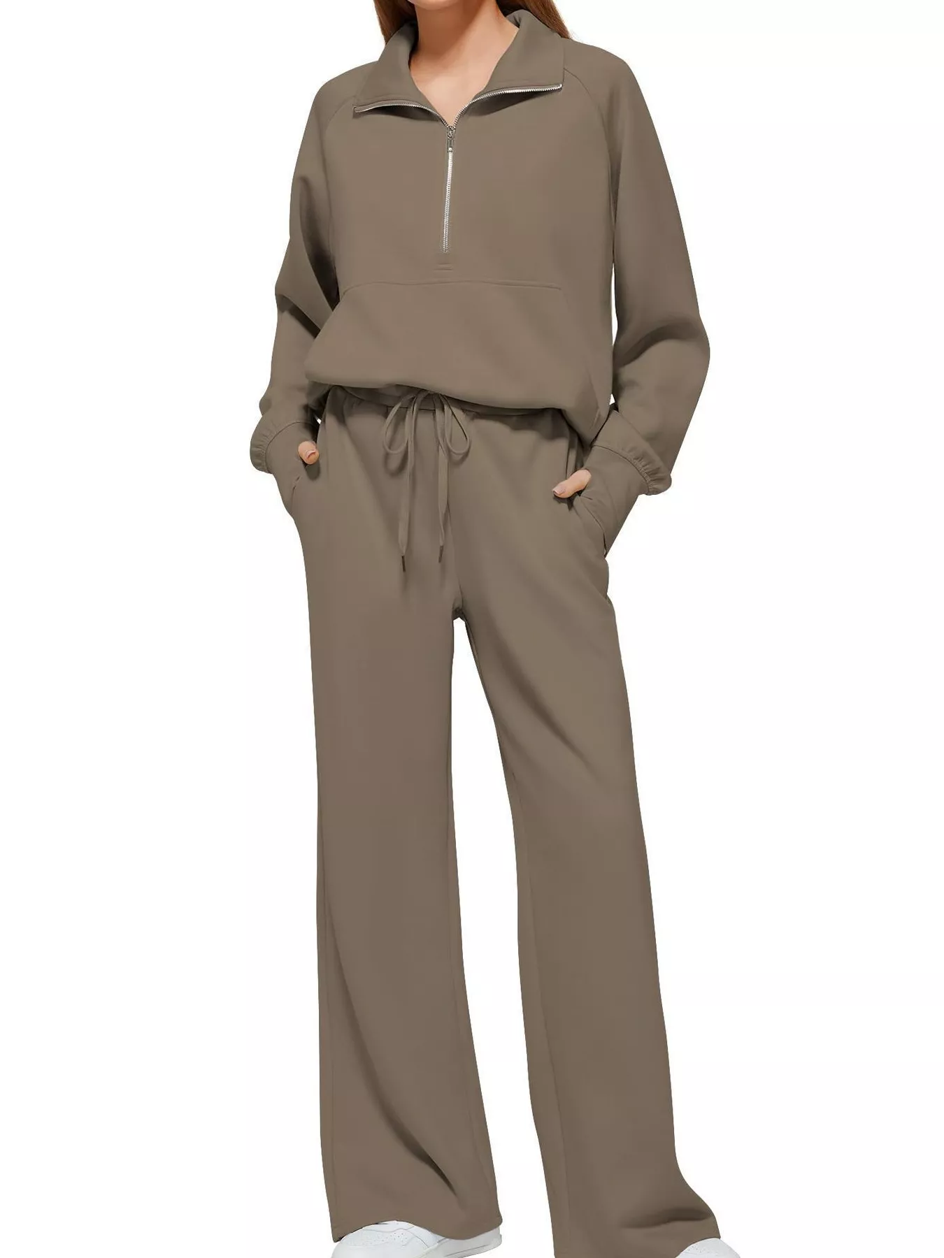 Full Size Half-Zip Sweatshirt and Wide-Leg Pants Set Plus Size - Image 16