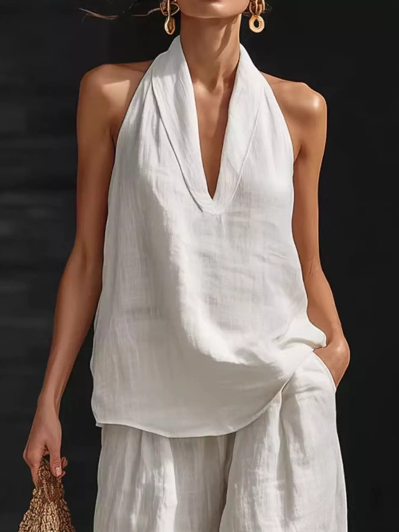Full Size Halter Neck Cami and Wide Leg Pants Set Plus Size - Image 3