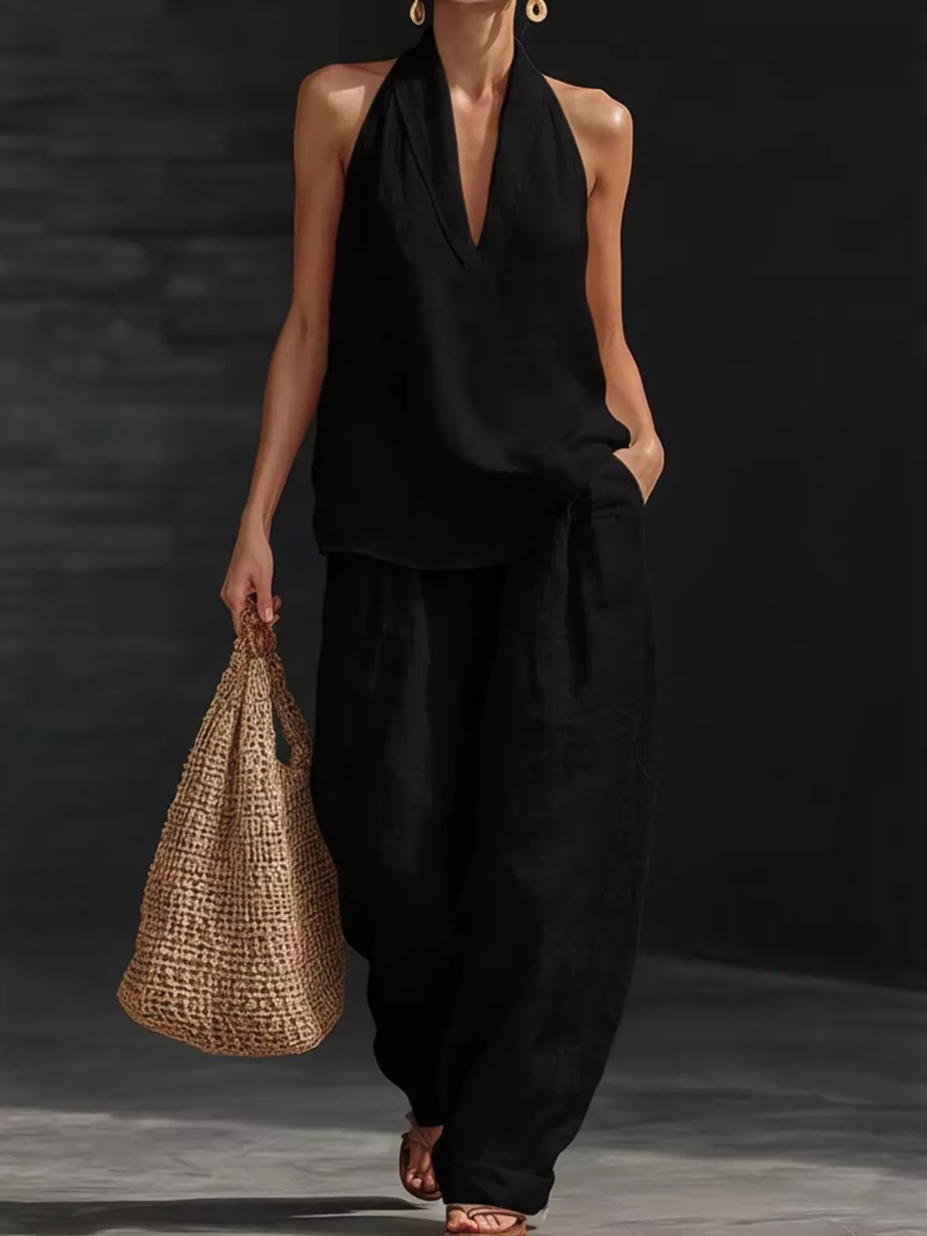 Full Size Halter Neck Cami and Wide Leg Pants Set Plus Size - Image 6