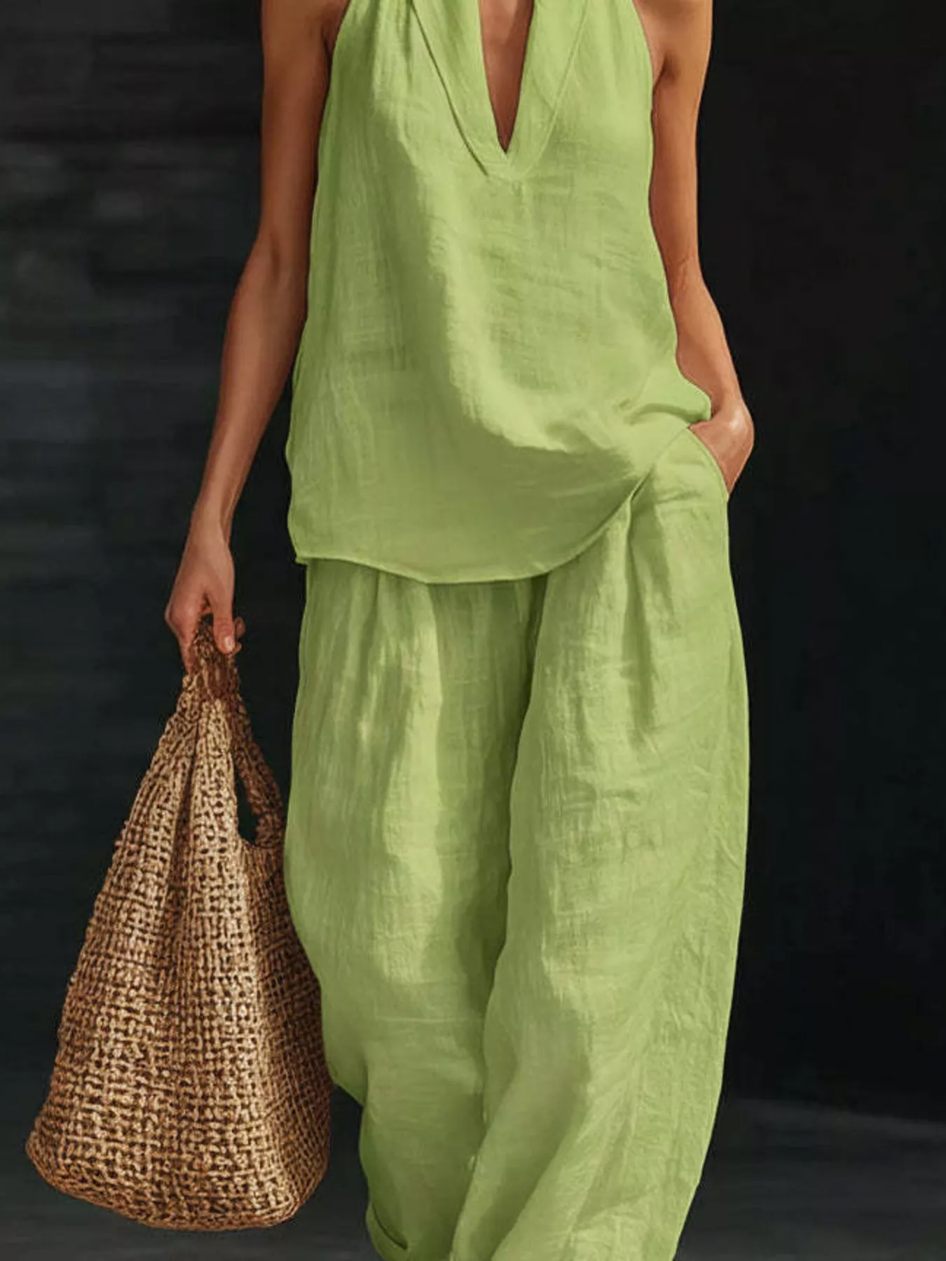 Full Size Halter Neck Cami and Wide Leg Pants Set Plus Size - Image 8