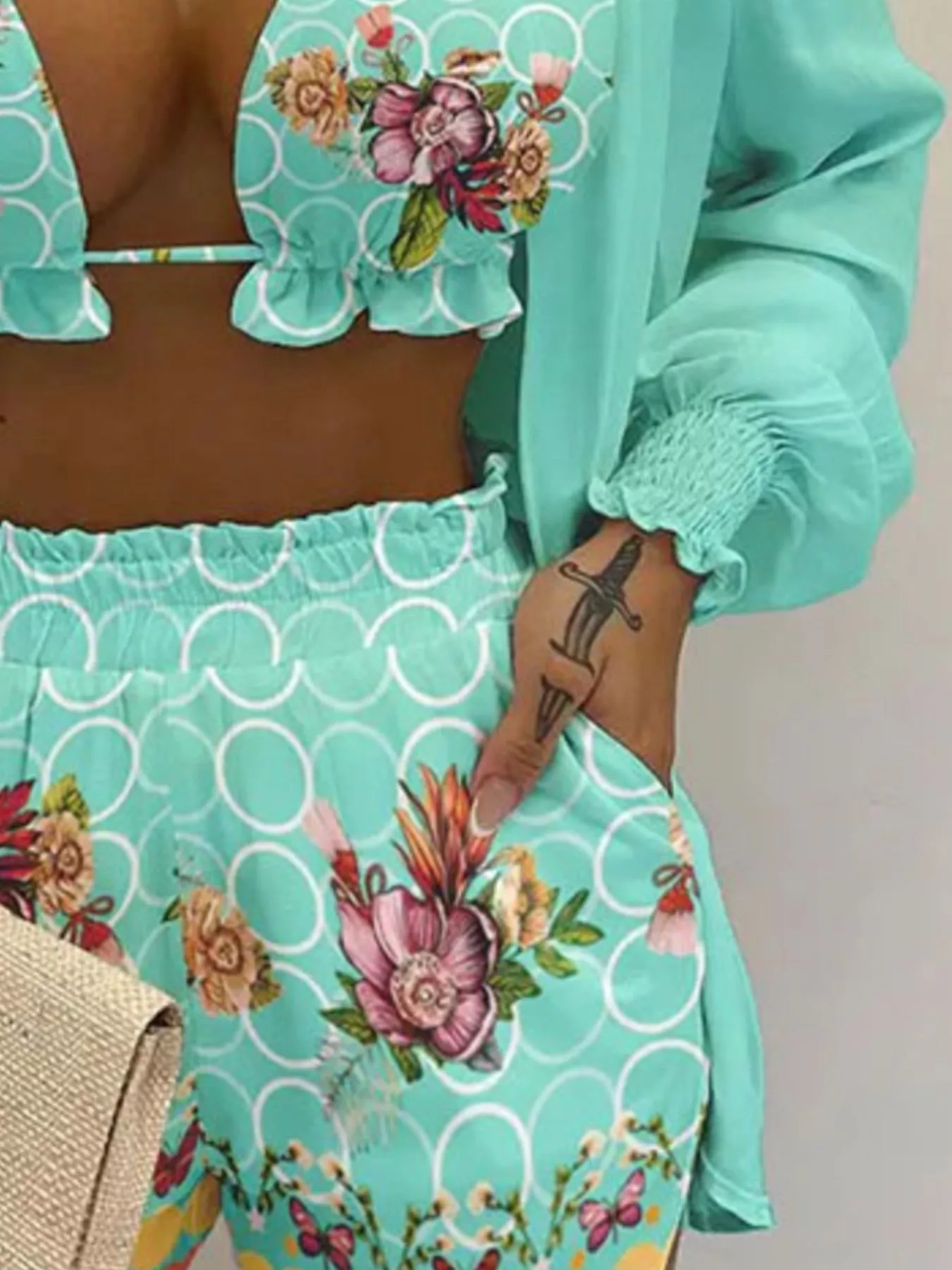Full Size Halter Neck Cami & Shirt & Shorts 3-Piece Outfit Set Plus Size - Image 15