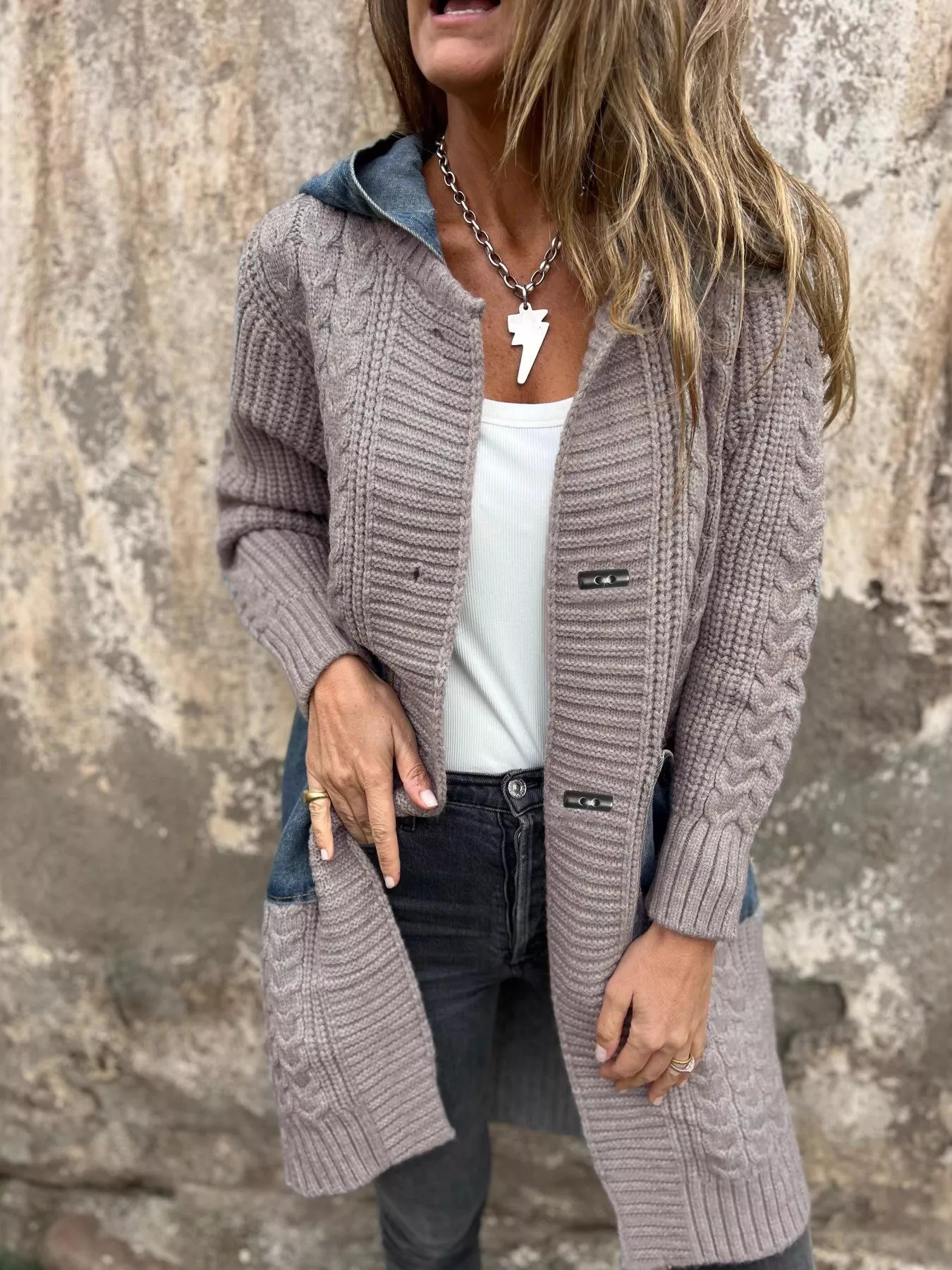 Full Size Hooded Cable Knit Longline Cardigan Plus Size - Image 5