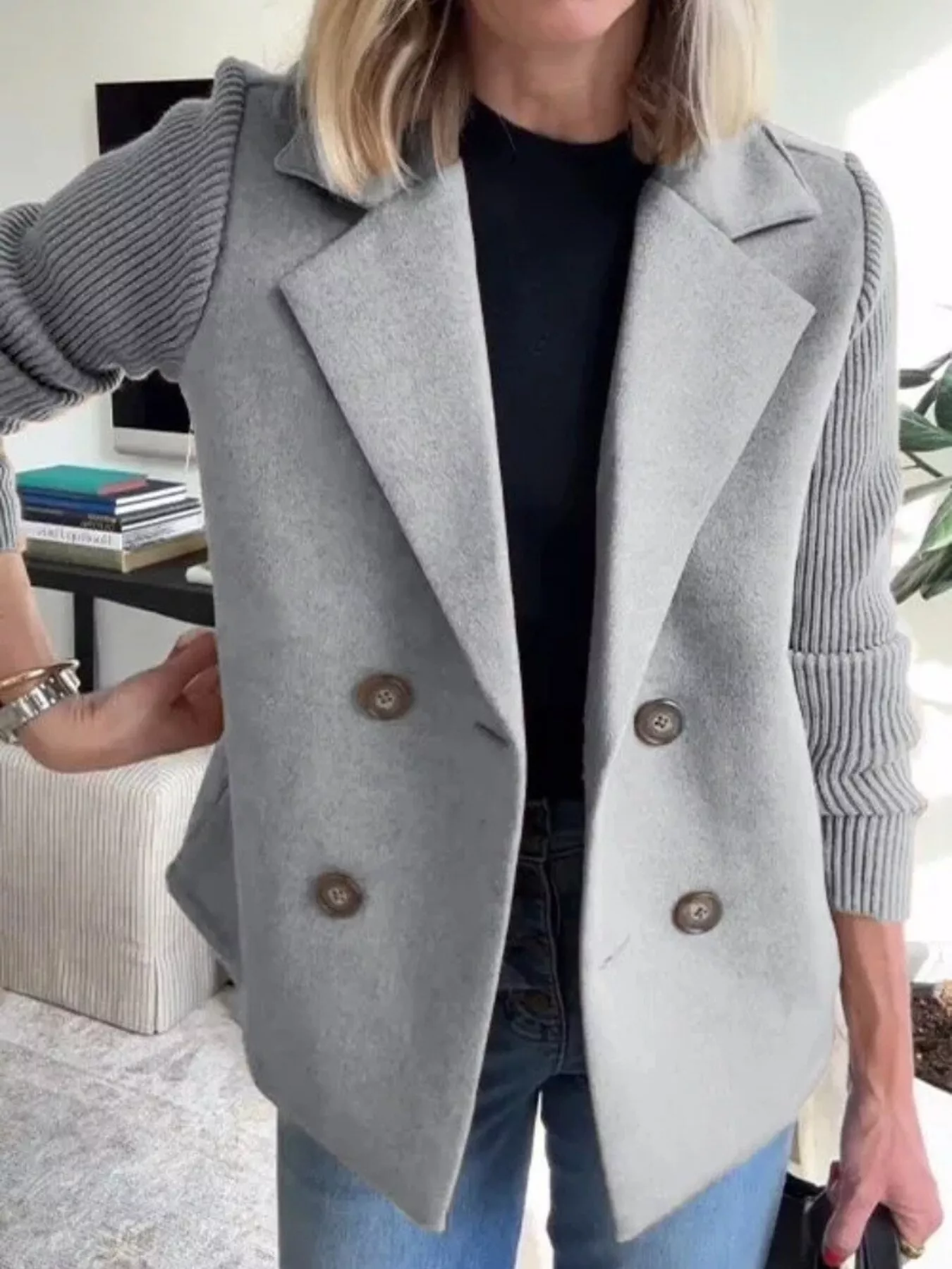 Full Size Knitted Sleeve Wool Blend Double-Breasted Blazer Plus Size - Image 16