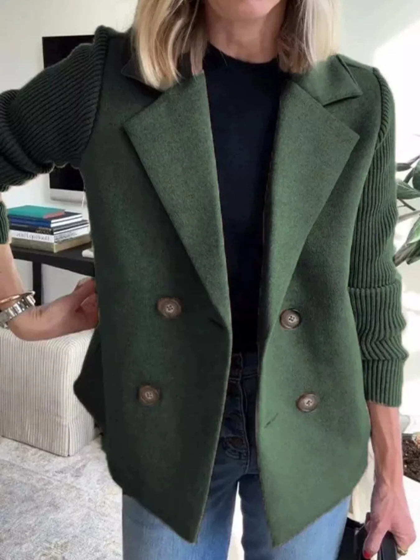 Full Size Knitted Sleeve Wool Blend Double-Breasted Blazer Plus Size - Image 19
