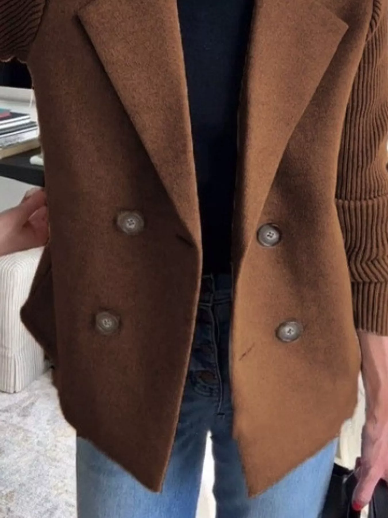 Full Size Knitted Sleeve Wool Blend Double-Breasted Blazer Plus Size - Image 8
