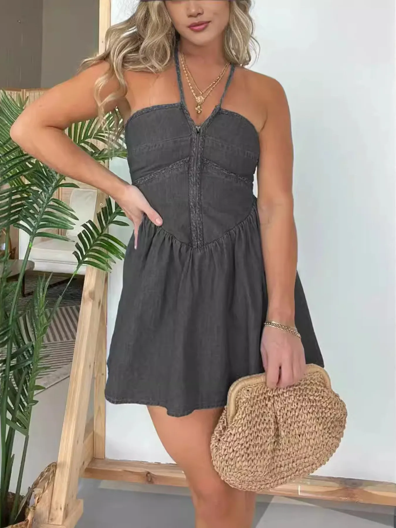 Full Size Lace Up Halter Neck Denim Dress Plus Size - Image 7