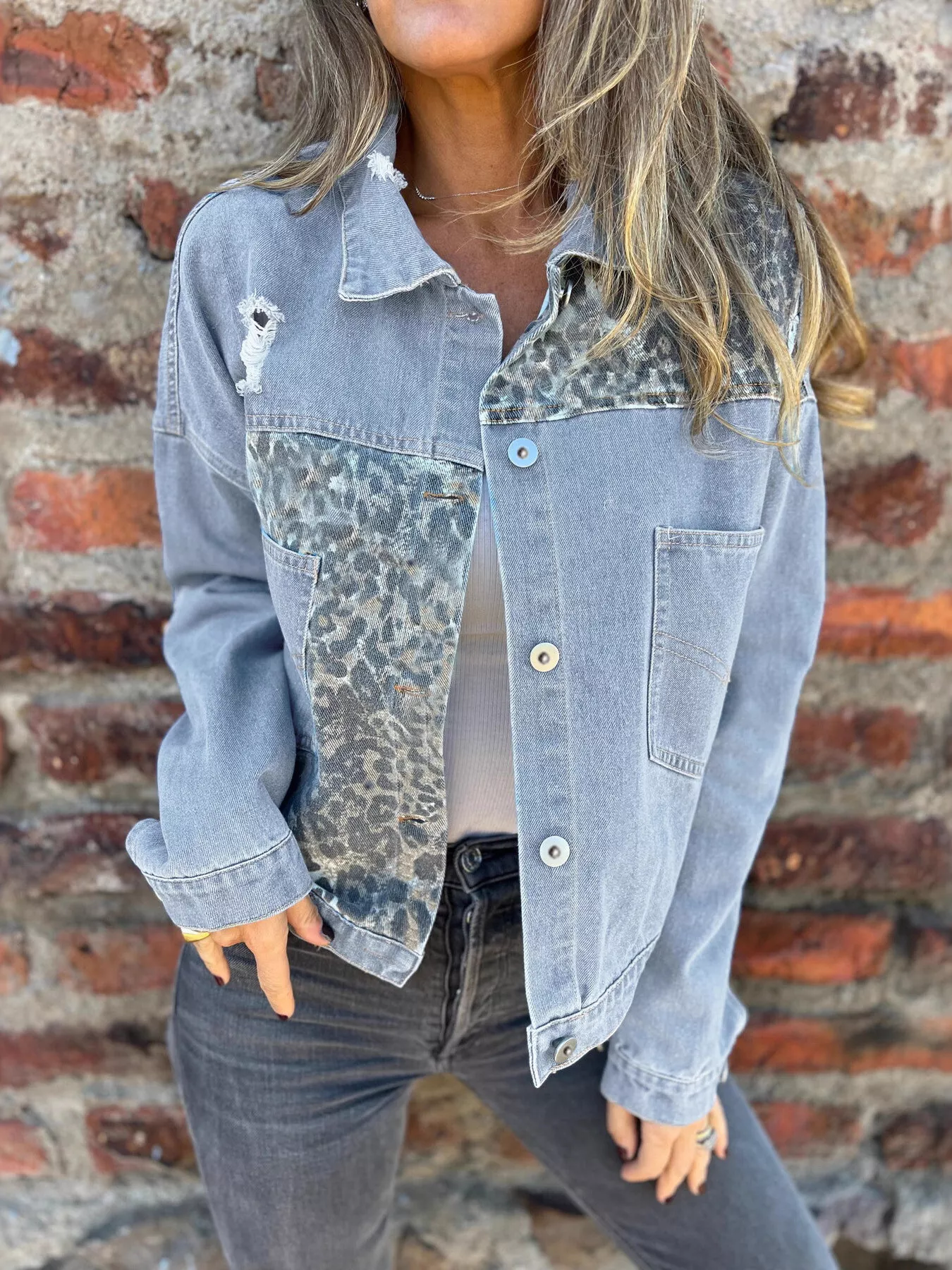 Full Size Leopard Button Up Denim Jacket Plus Size - Image 2