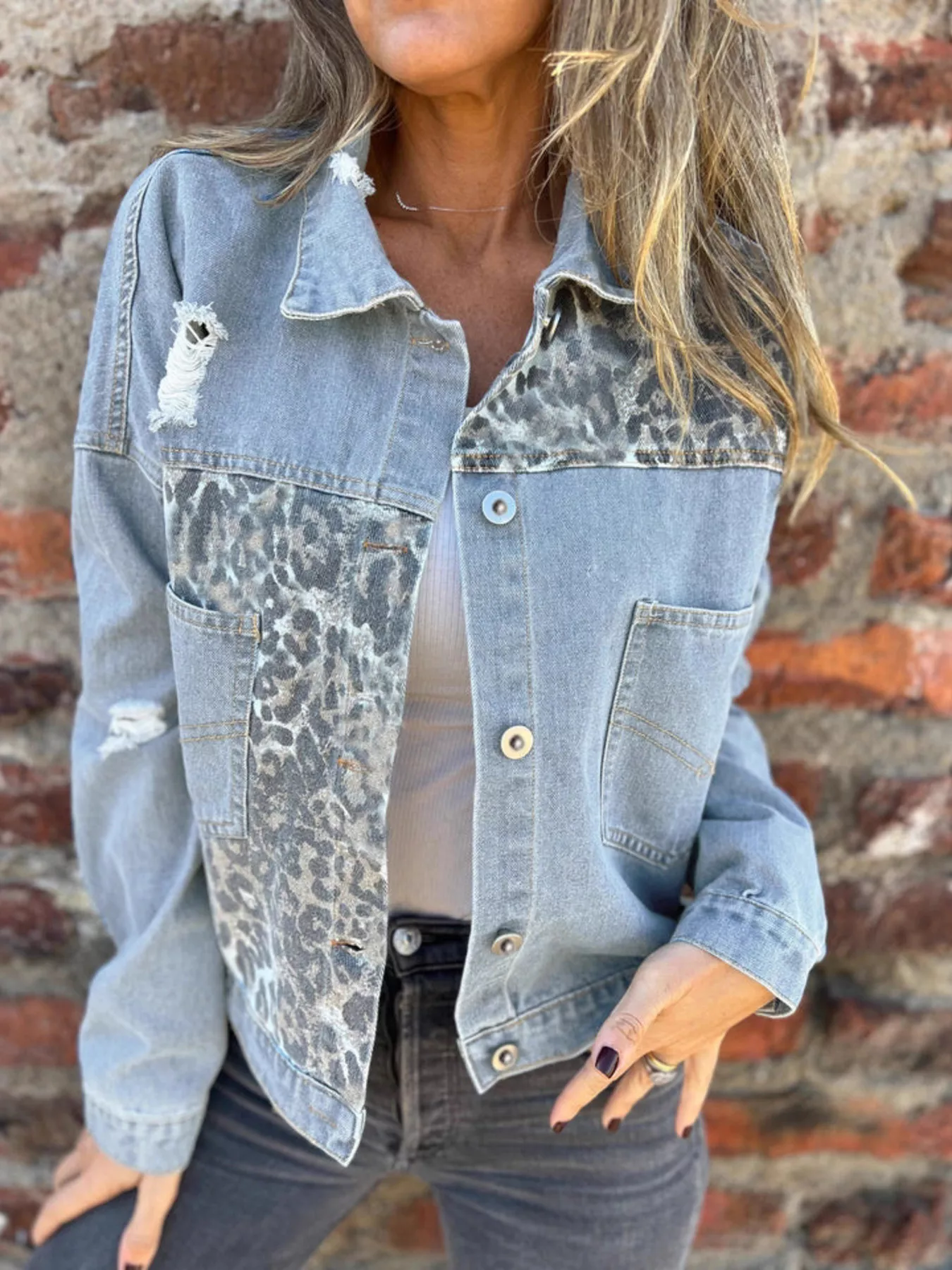 Full Size Leopard Button Up Denim Jacket Plus Size - Image 3
