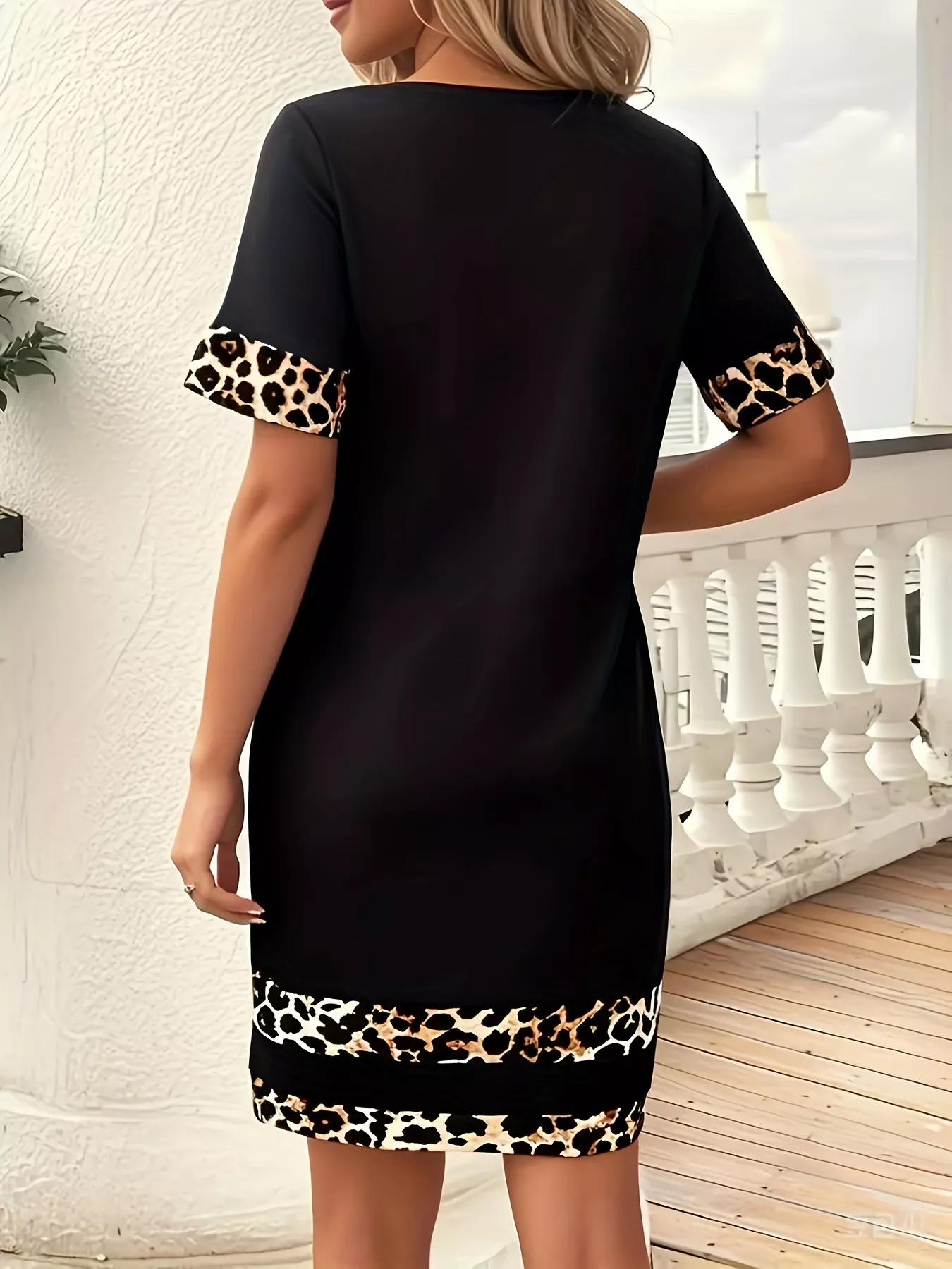 Full Size Leopard Trim Round Neck Mini Dress Plus Size - Image 10