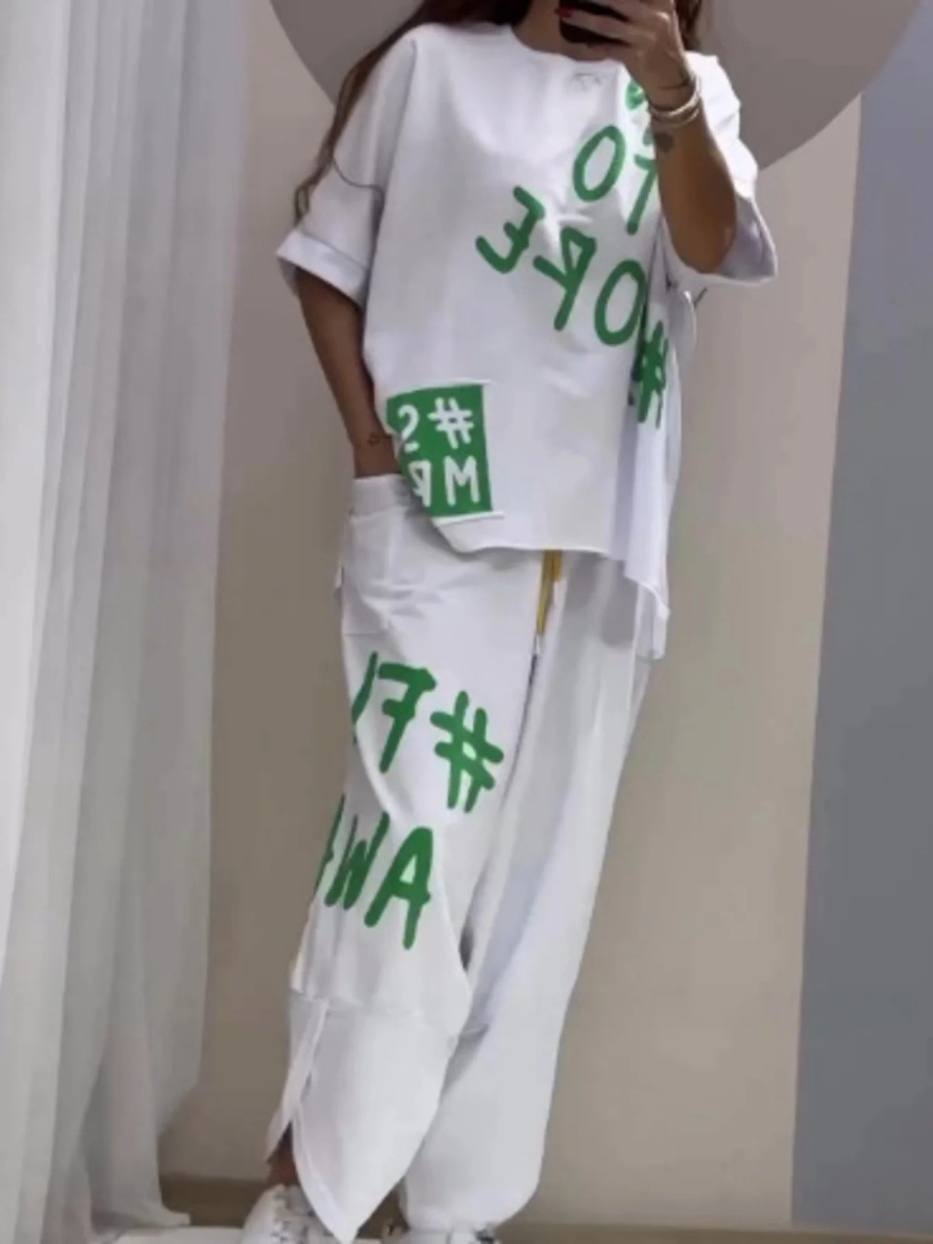 Full Size Letter Round Neck Tee and Drawstring Pants Set Plus Size - Image 10