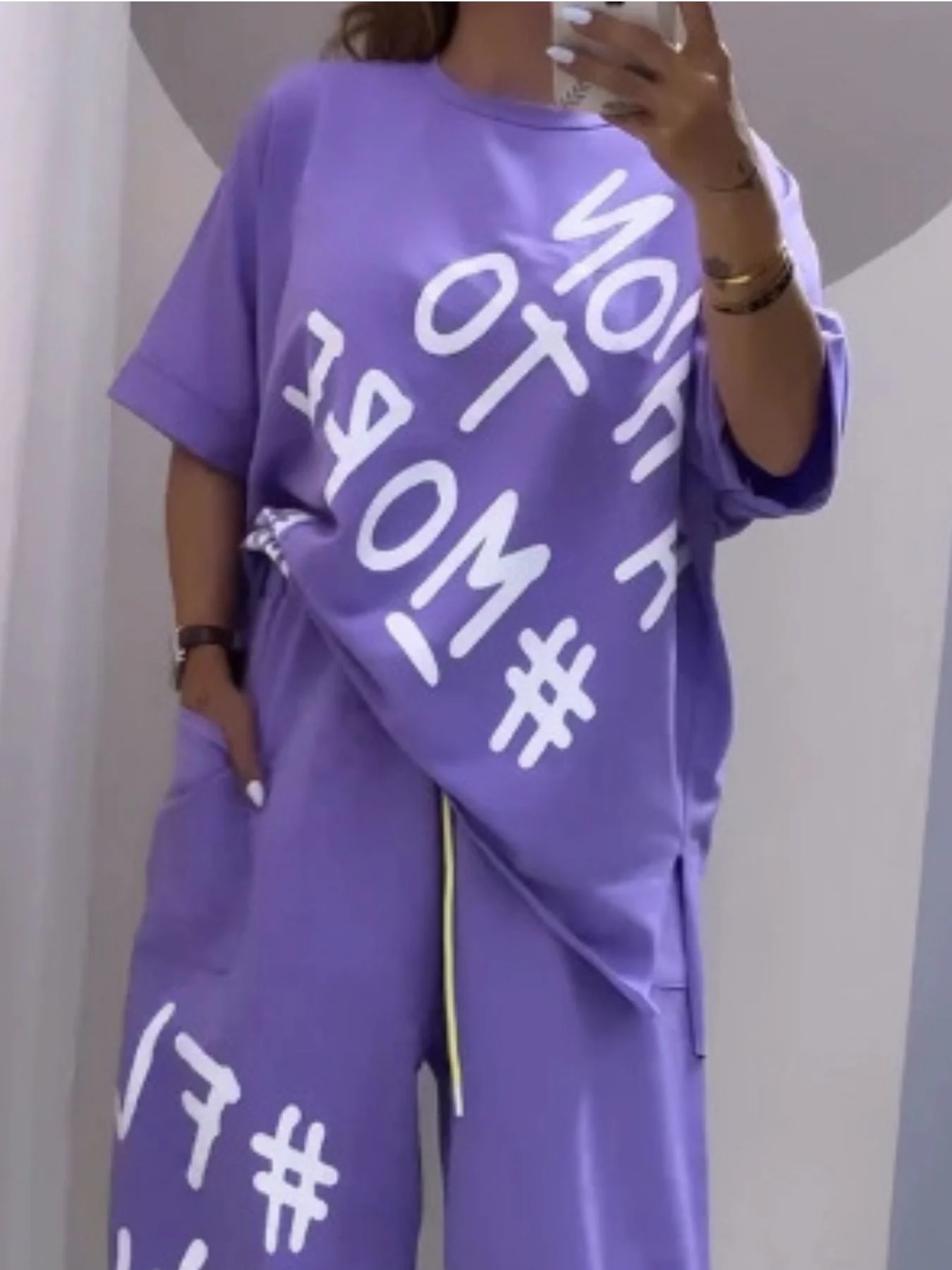 Full Size Letter Round Neck Tee and Drawstring Pants Set Plus Size - Image 5