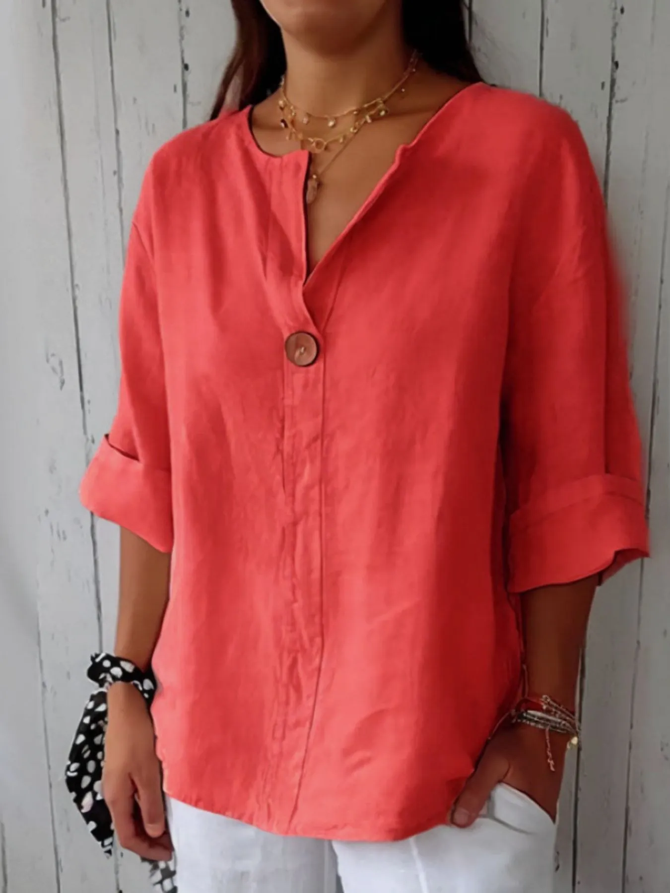 Full Size Linen Blend Notched Blouse Plus Size - Image 13