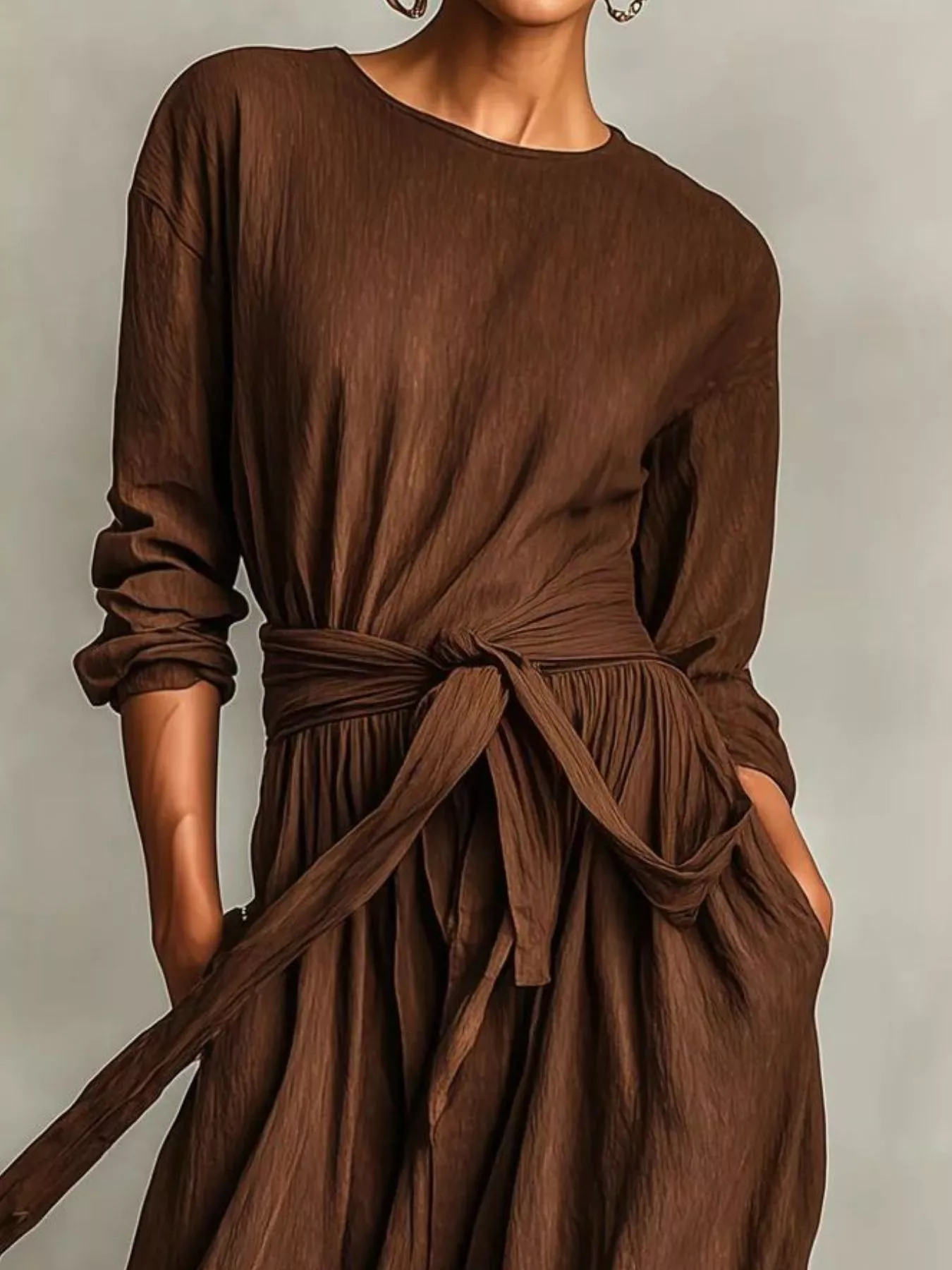 Full Size Long Sleeve Tie Waist Maxi Dress Plus Size - Image 2