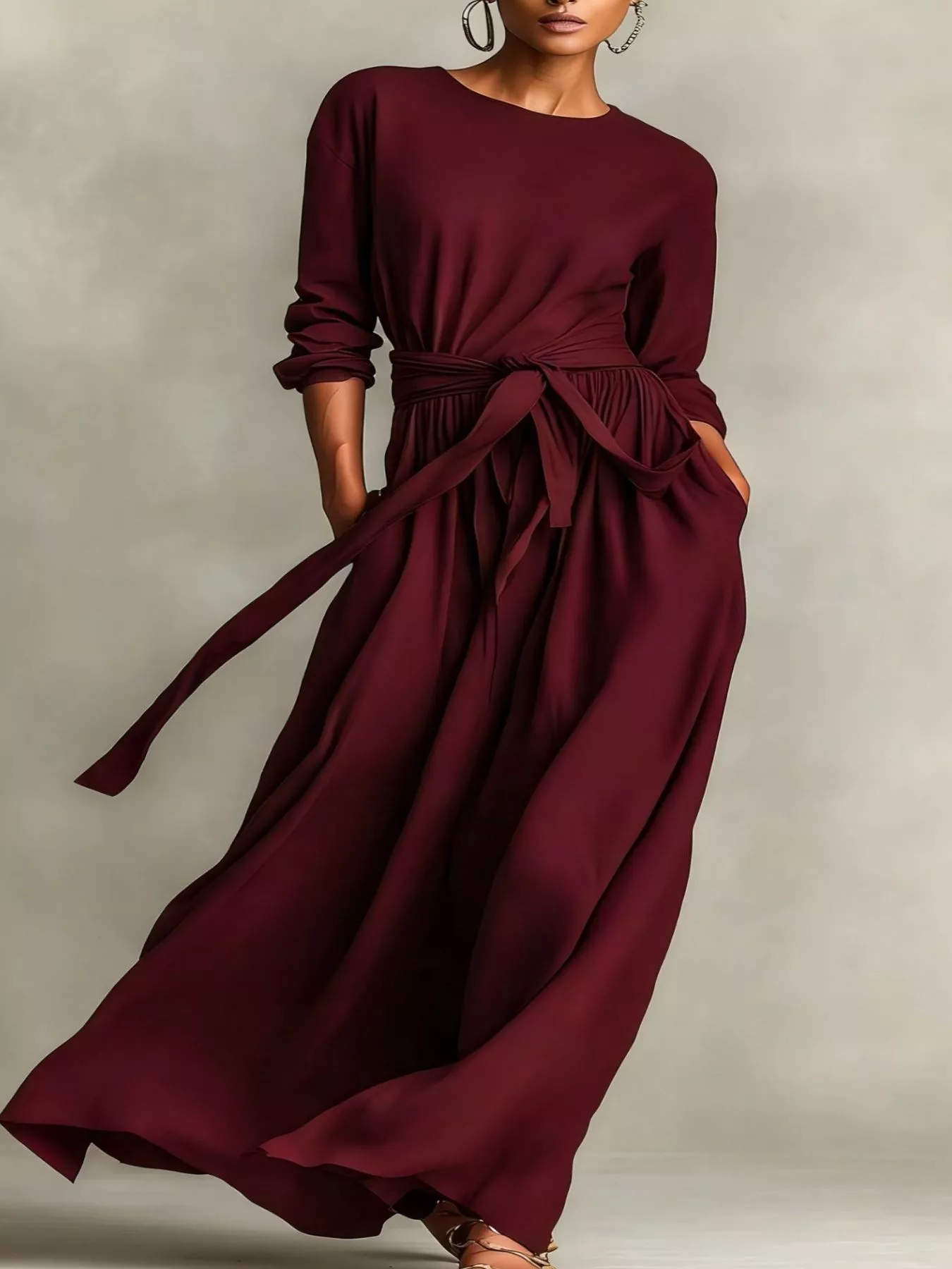 Full Size Long Sleeve Tie Waist Maxi Dress Plus Size - Image 7