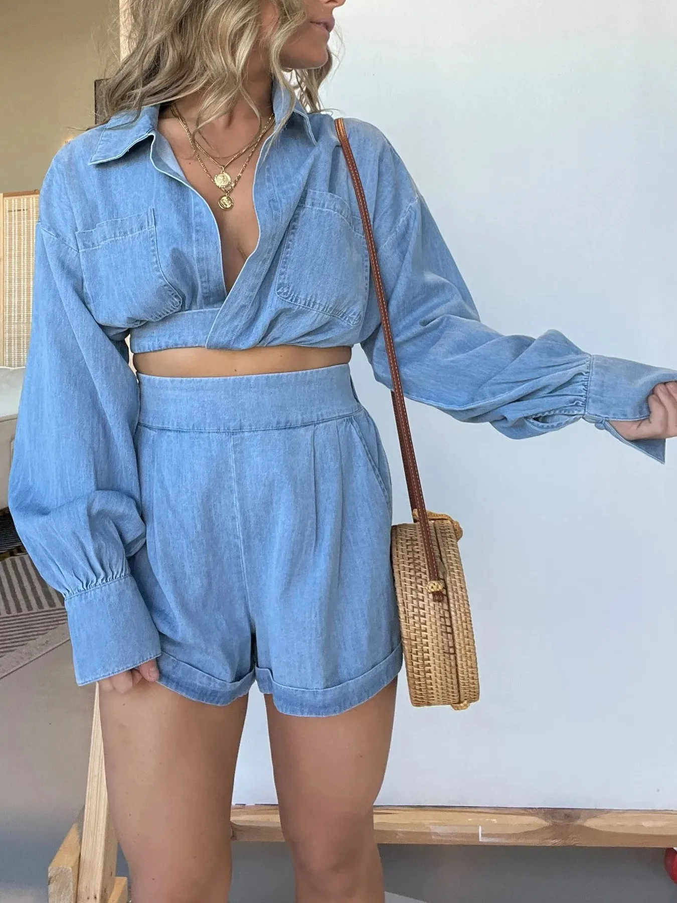 Full Size Long Sleeve Top and Shorts Denim Set Plus Size - Image 4
