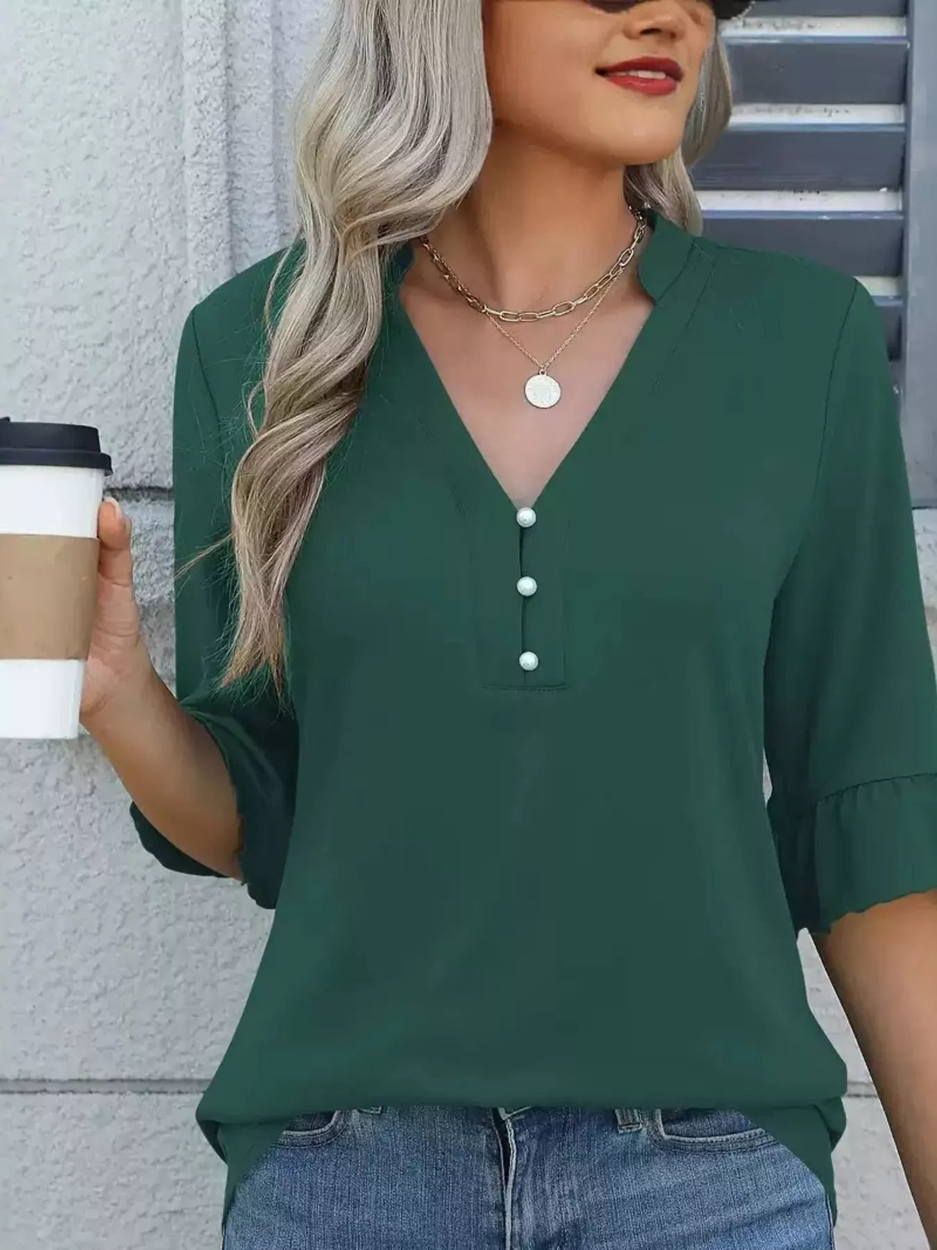 Full Size Notched Flounce Sleeve Blouse Plus Size - Image 13
