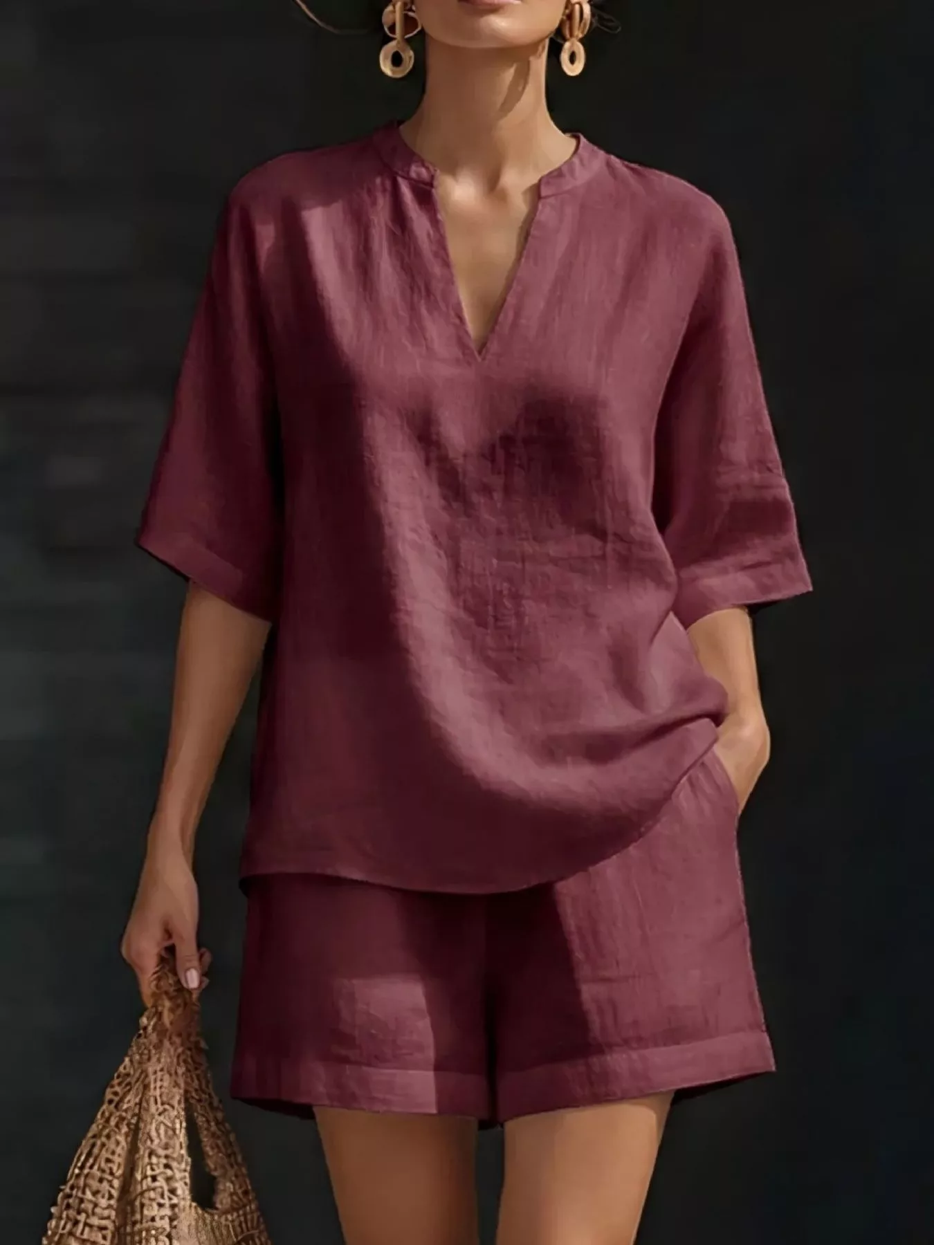Full Size Notched Half Sleeve Top and Shorts Set Plus Size - Image 15