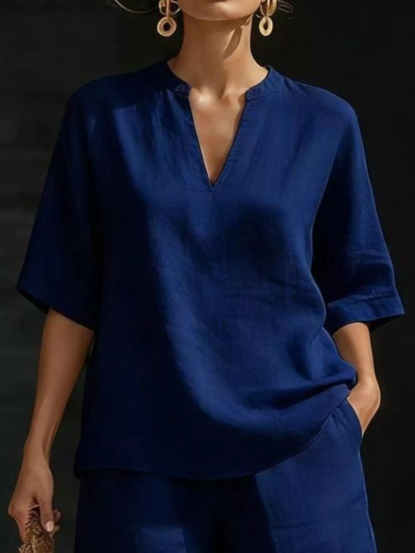 Full Size Notched Half Sleeve Top and Shorts Set Plus Size - Image 8
