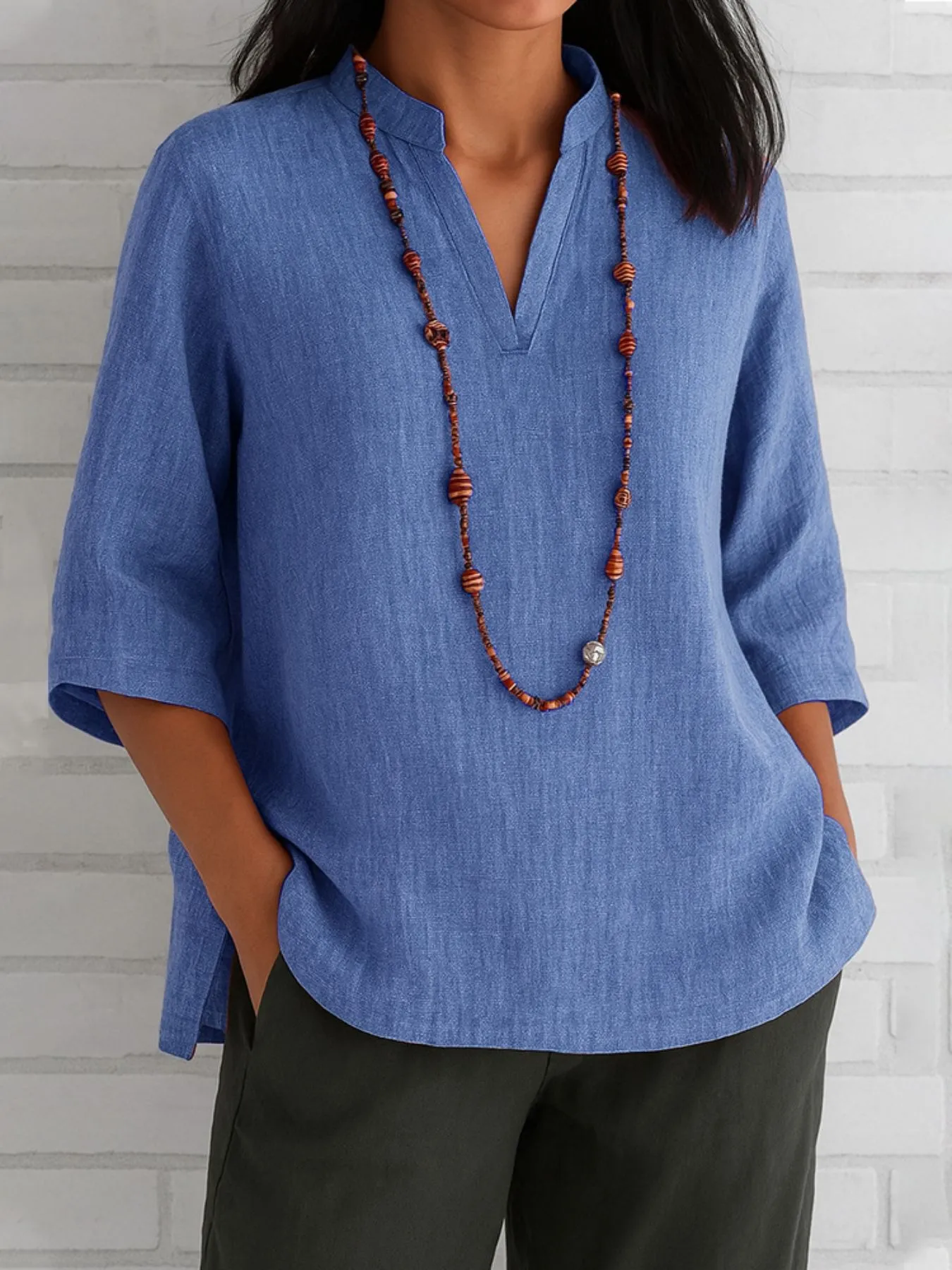 Full Size Notched Three-Quarter Sleeves Blouse Plus Size - Image 4