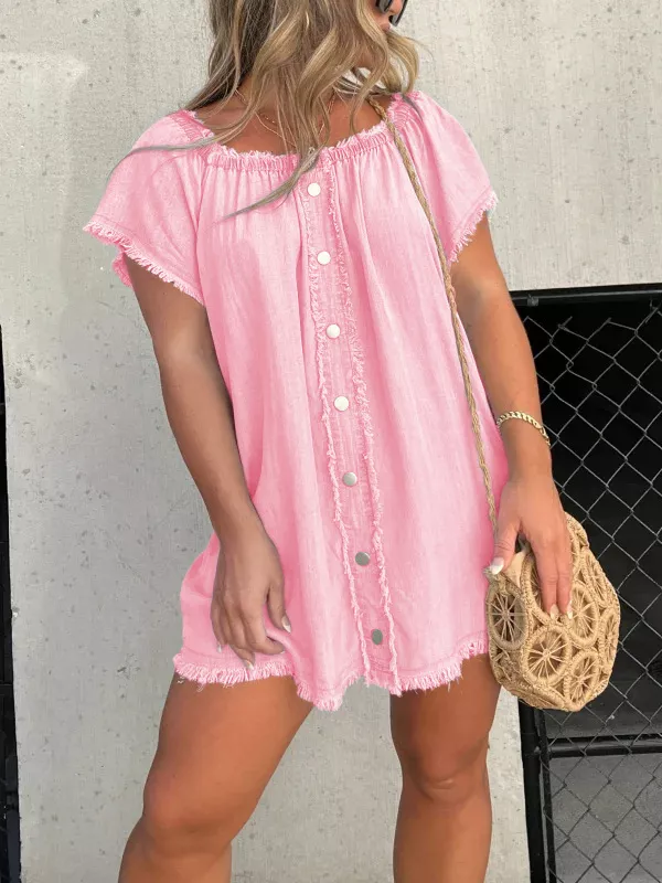 Full Size Off-Shoulder Button-Down Frayed Denim Dress Plus Size - Image 11