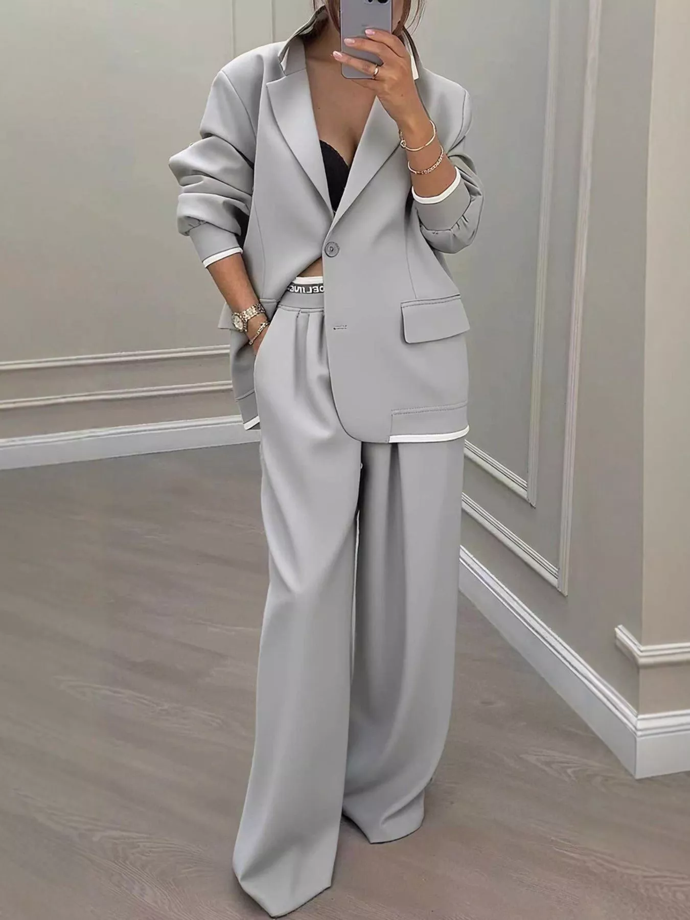 Full Size One Button Blazer & Wide Leg Pants Set Plus Size - Image 11