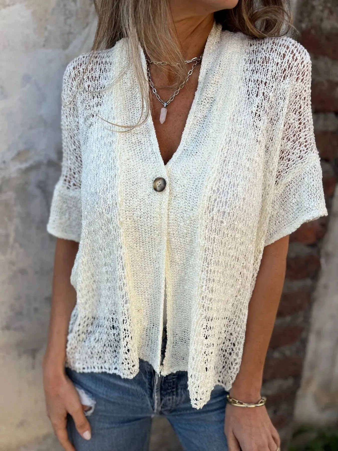 Full Size One Button Half Sleeve Cardigan Plus Size - Image 5