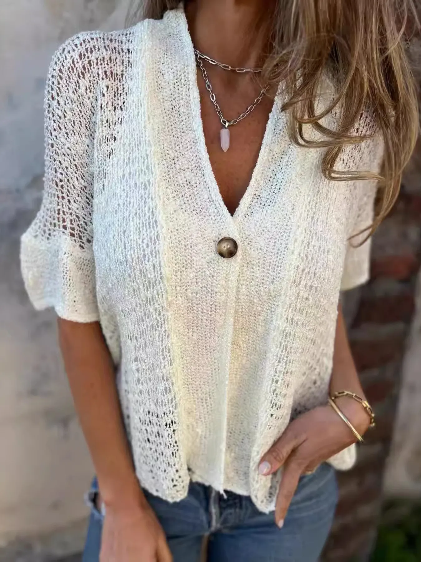 Full Size One Button Half Sleeve Cardigan Plus Size - Image 6