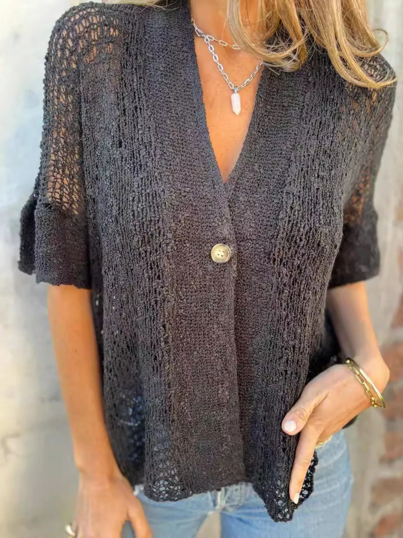 Full Size One Button Half Sleeve Cardigan Plus Size - Image 8