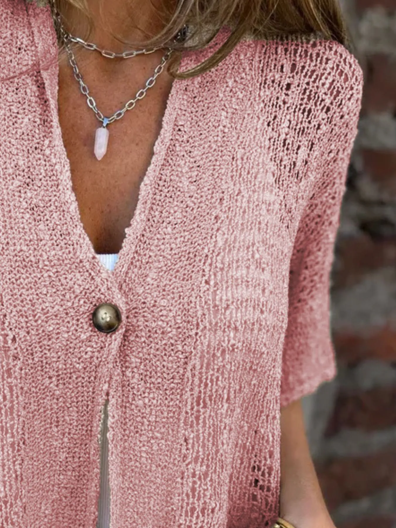 Full Size One Button Openwork Cardigan Plus Size - Image 10