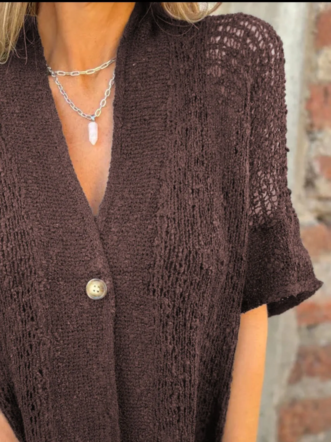Full Size One Button Openwork Cardigan Plus Size - Image 16