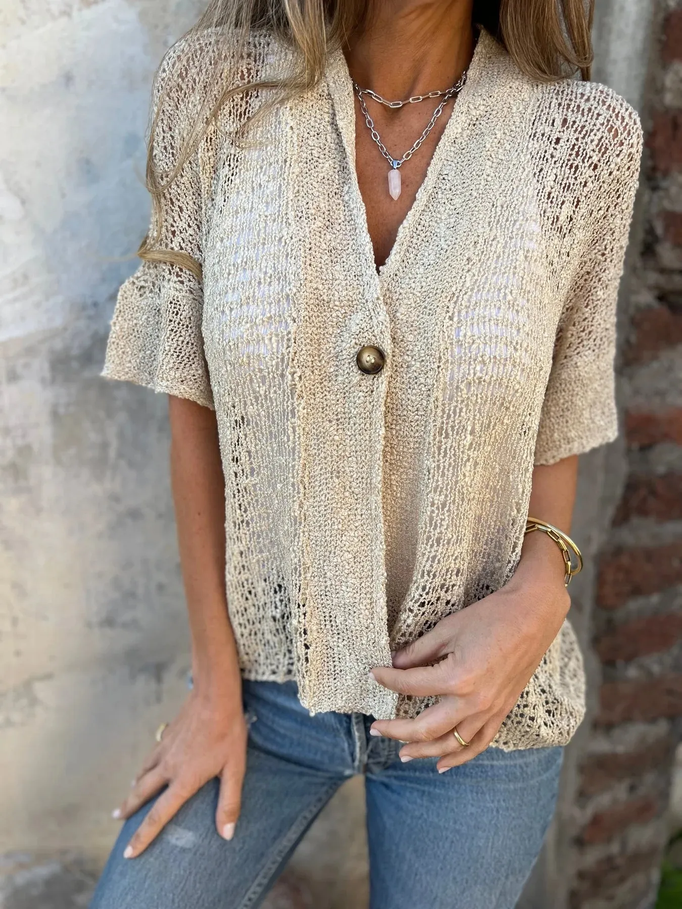 Full Size One Button Openwork Cardigan Plus Size - Image 3