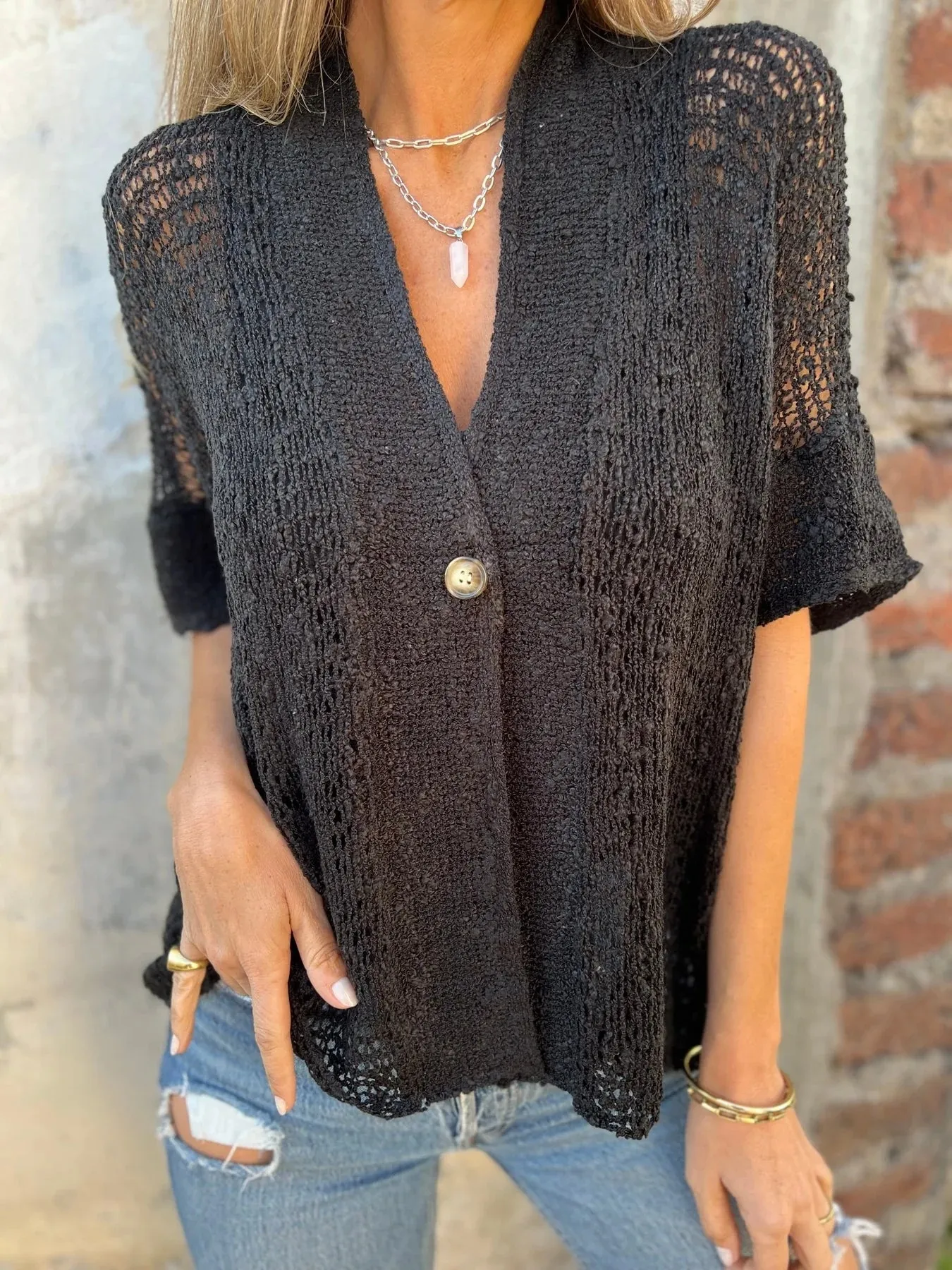 Full Size One Button Openwork Cardigan Plus Size - Image 5