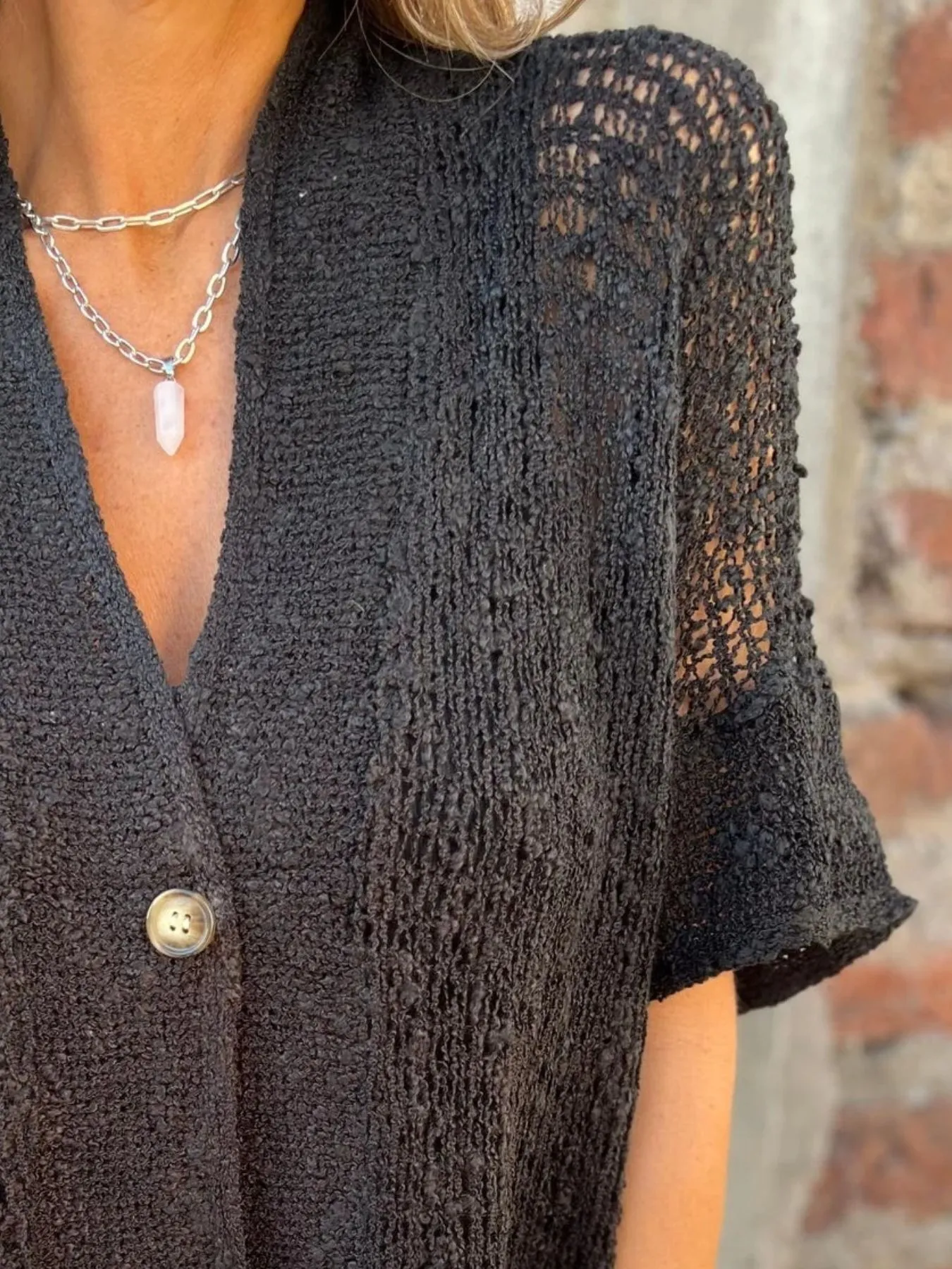 Full Size One Button Openwork Cardigan Plus Size - Image 7