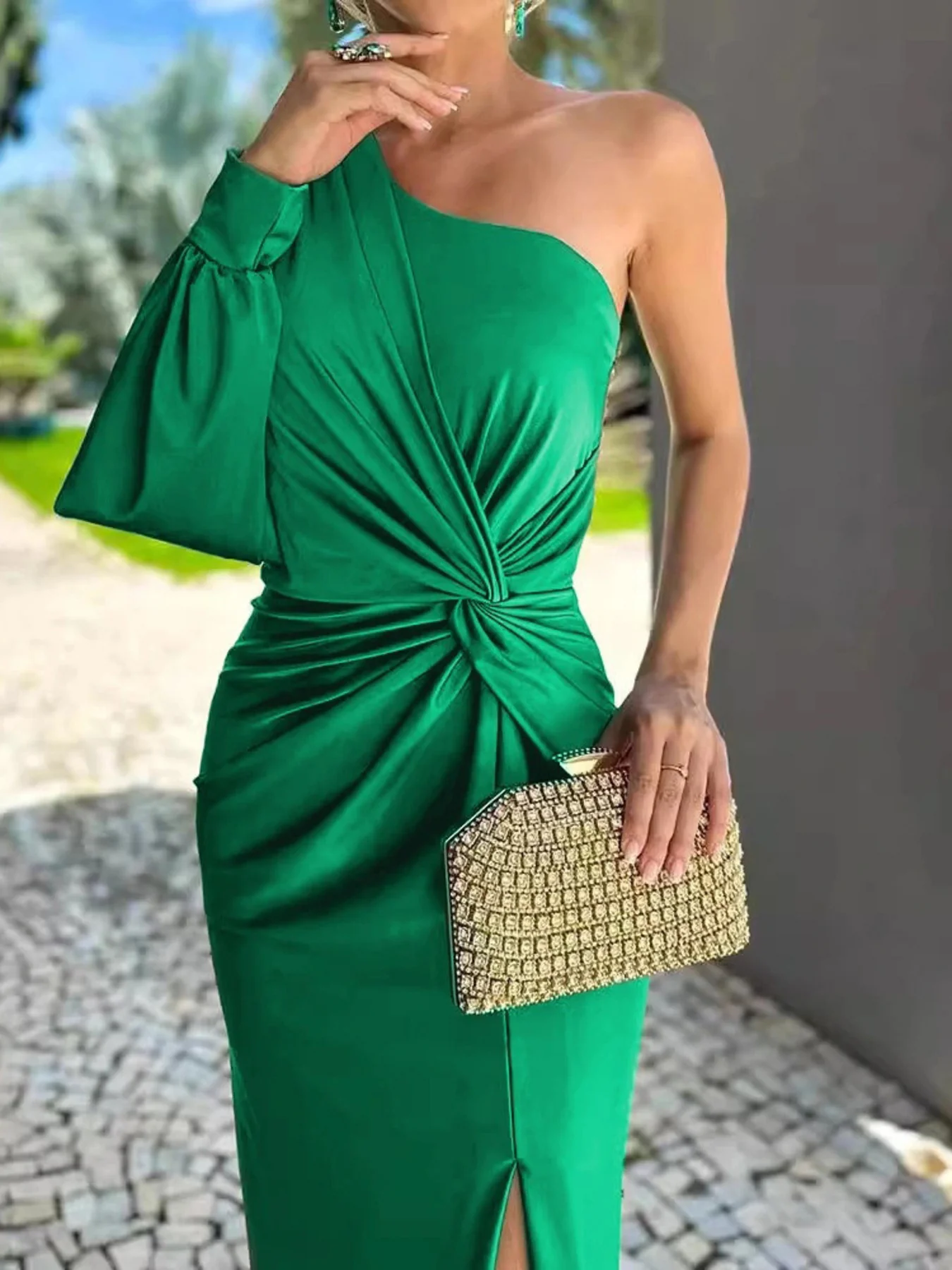 Full Size One-Shoulder Knot Detail Slit Maxi Dress Plus Size - Image 4