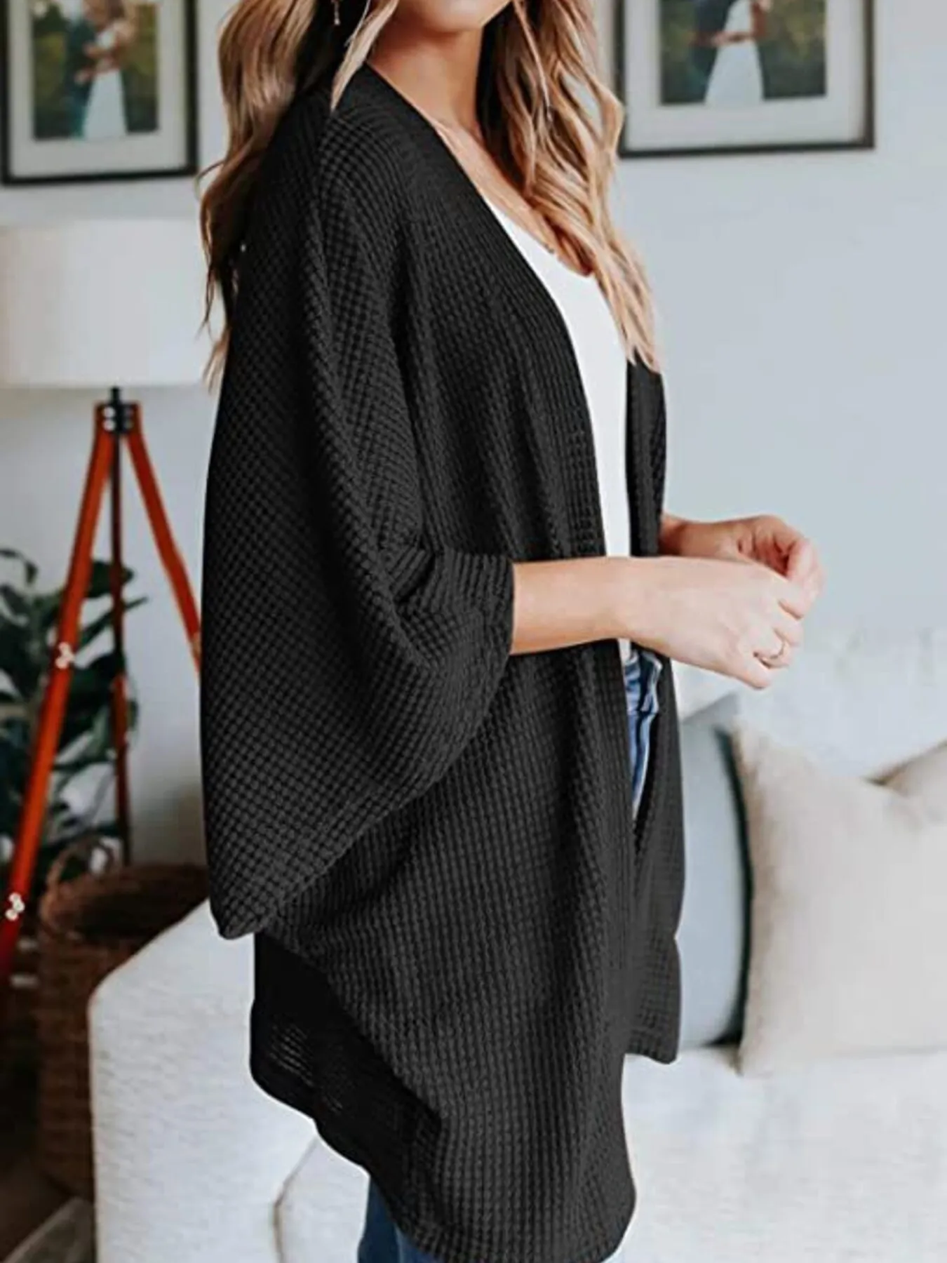 Full Size Open Front Waffle Knit Cardigan Plus Size - Image 10