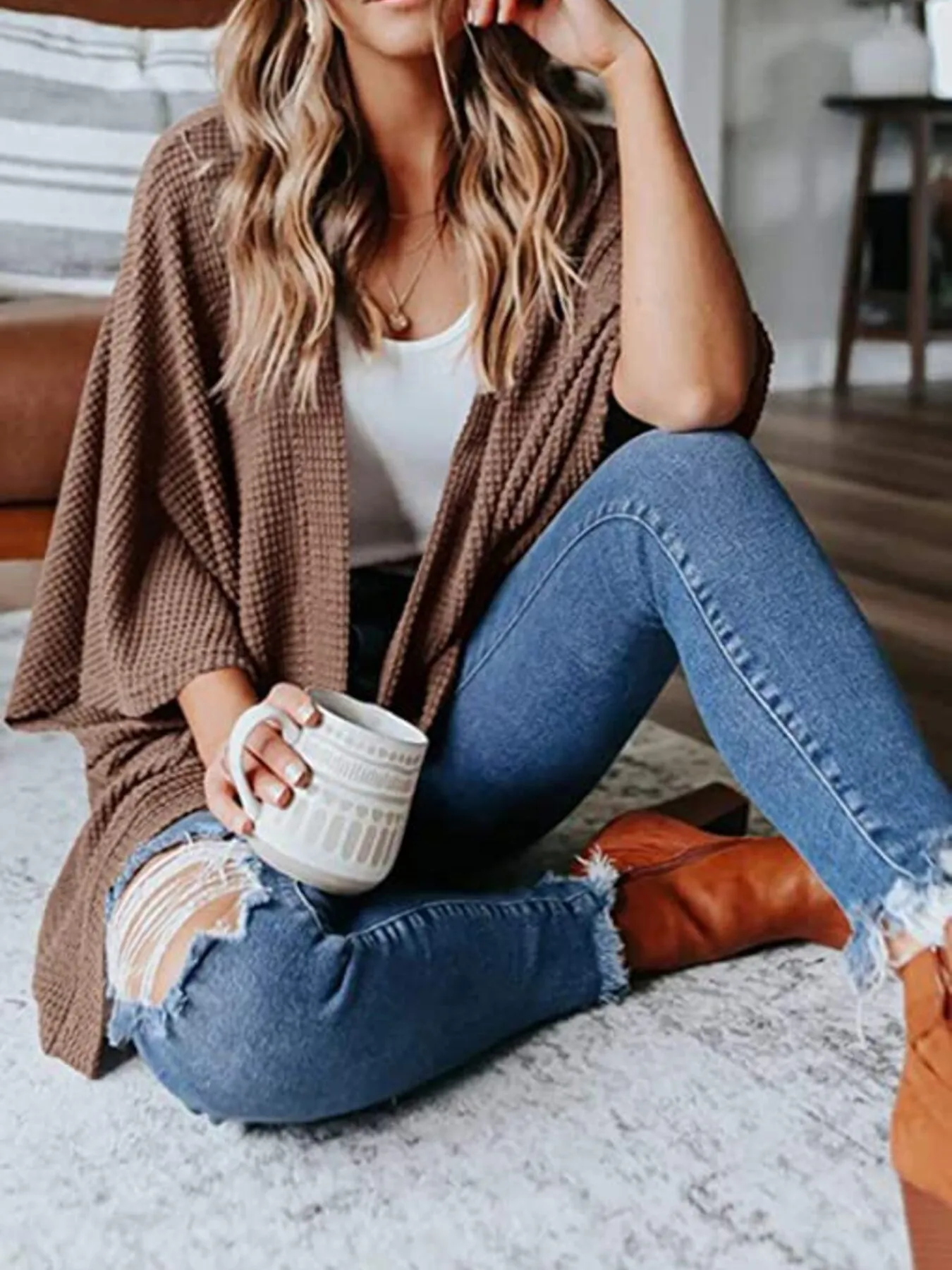 Full Size Open Front Waffle Knit Cardigan Plus Size - Image 12