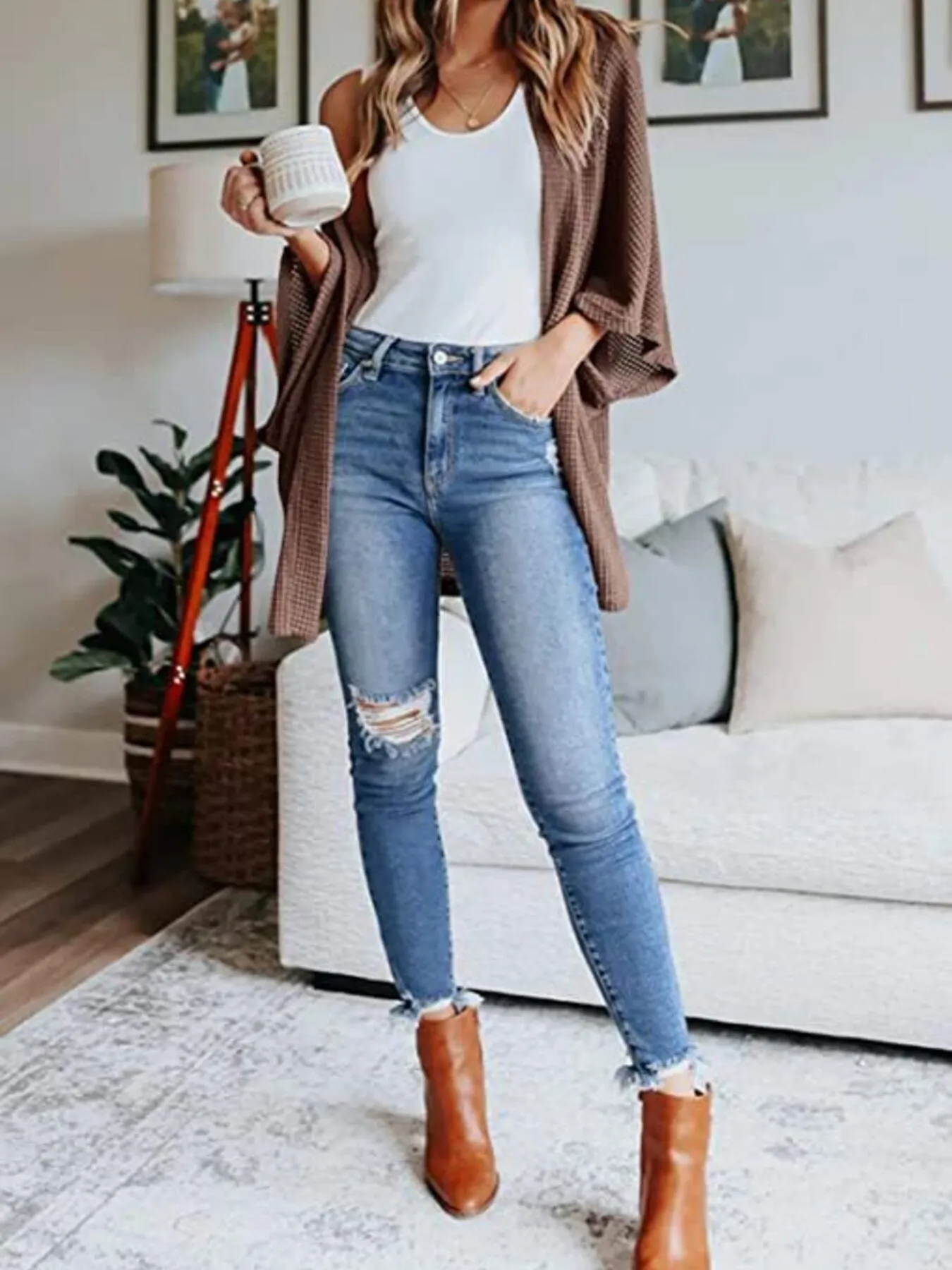 Full Size Open Front Waffle Knit Cardigan Plus Size - Image 13