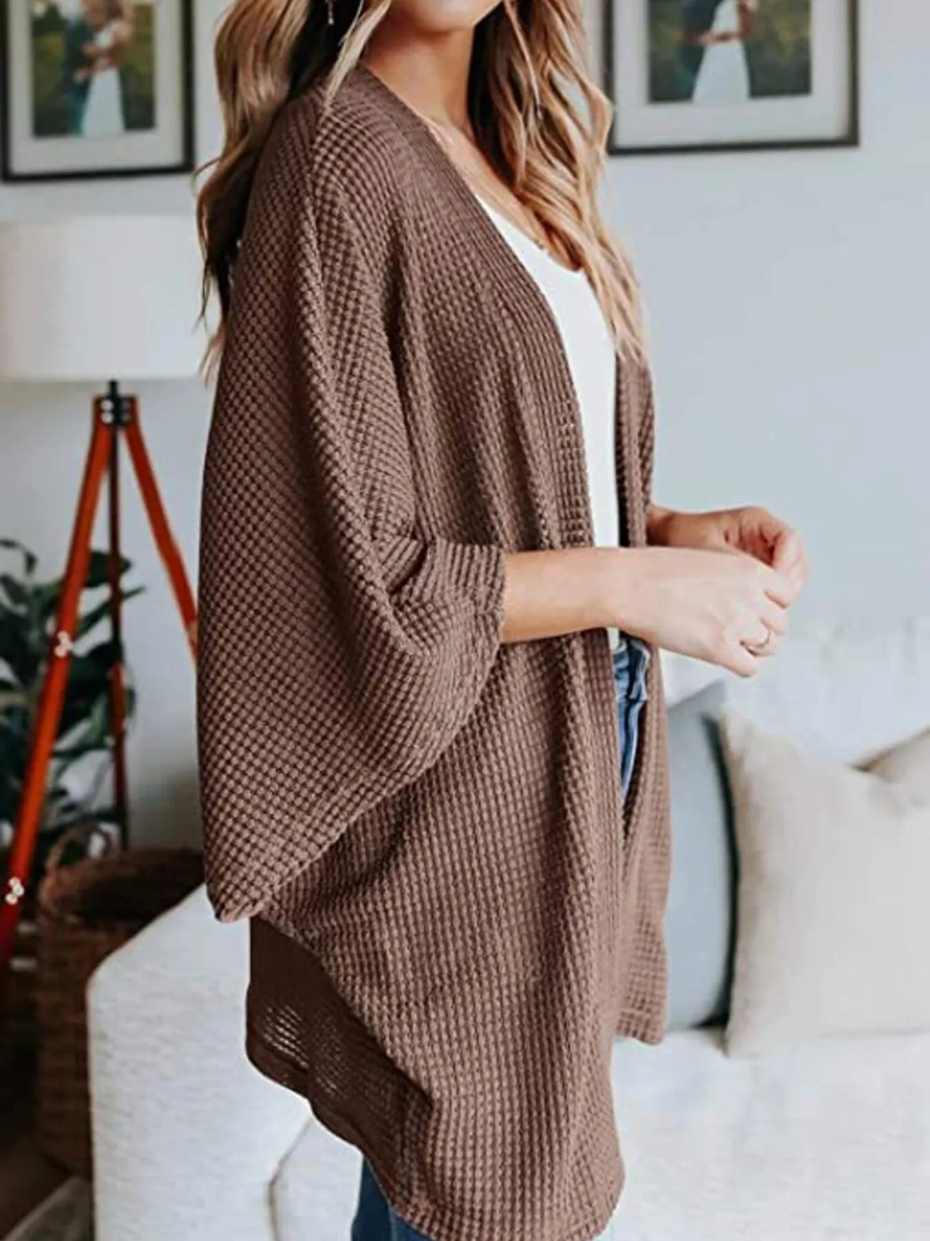 Full Size Open Front Waffle Knit Cardigan Plus Size - Image 15