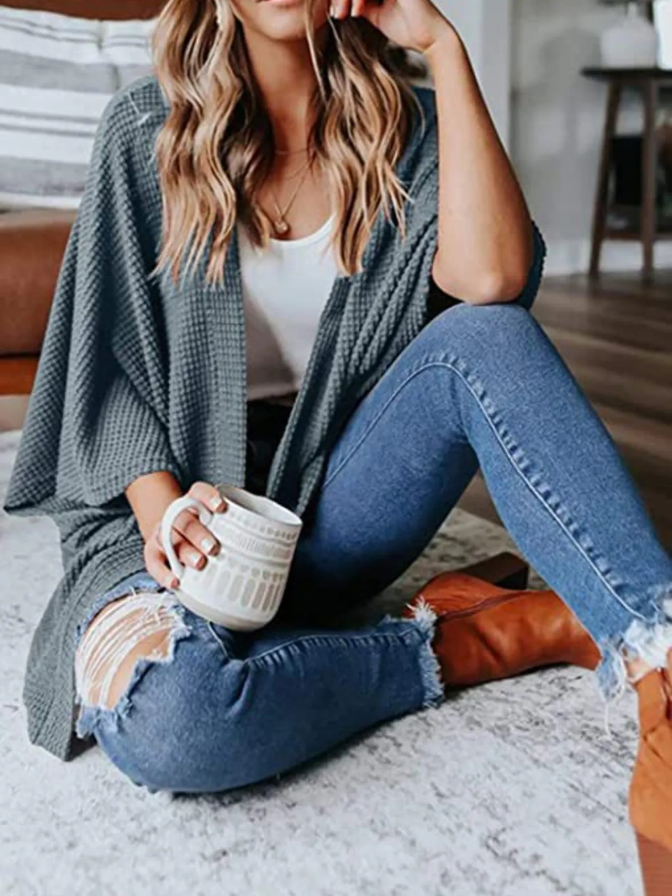 Full Size Open Front Waffle Knit Cardigan Plus Size - Image 17