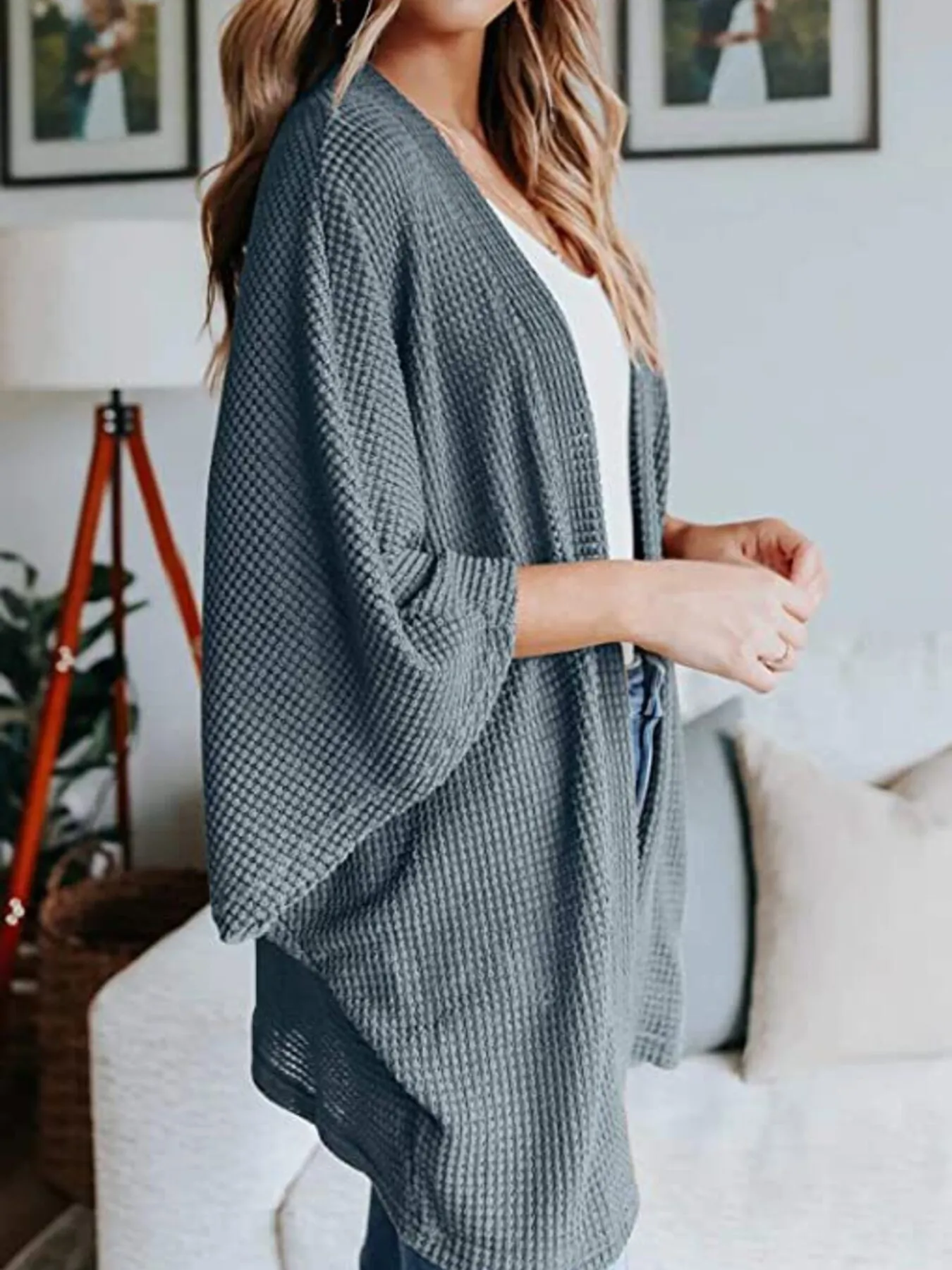 Full Size Open Front Waffle Knit Cardigan Plus Size - Image 19